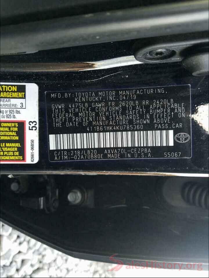 4T1B61HK4KU785360 2019 TOYOTA CAMRY