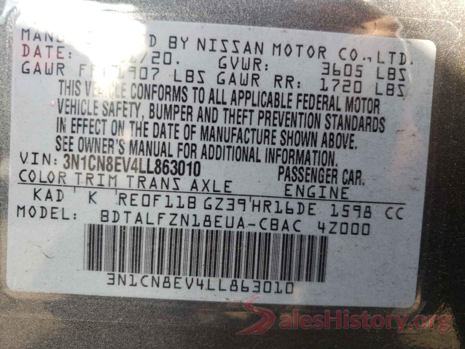 3N1CN8EV4LL863010 2020 NISSAN VERSA