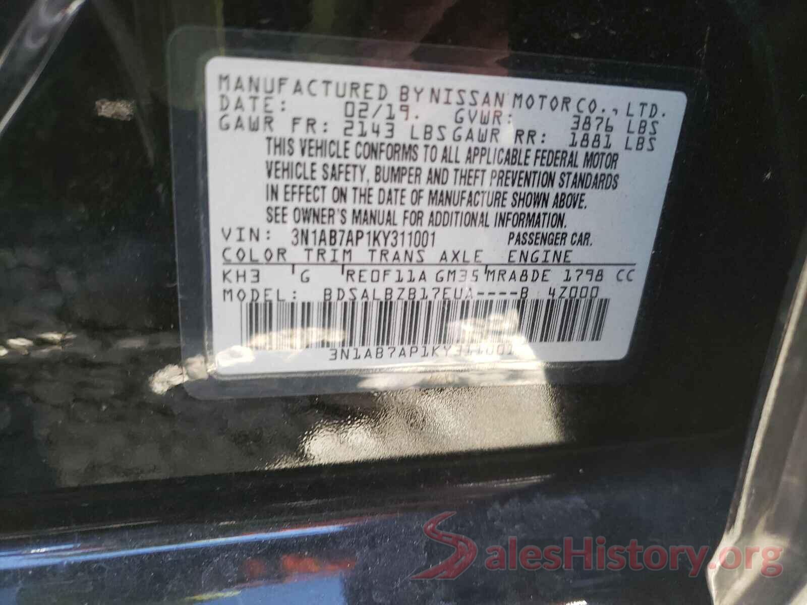 3N1AB7AP1KY311001 2019 NISSAN SENTRA