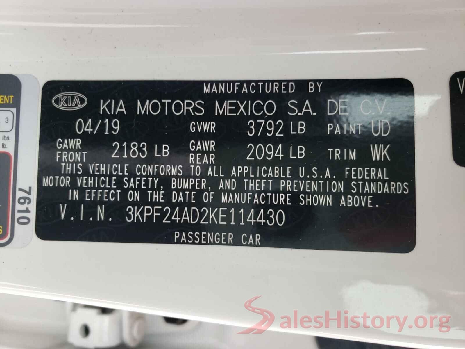 3KPF24AD2KE114430 2019 KIA FORTE