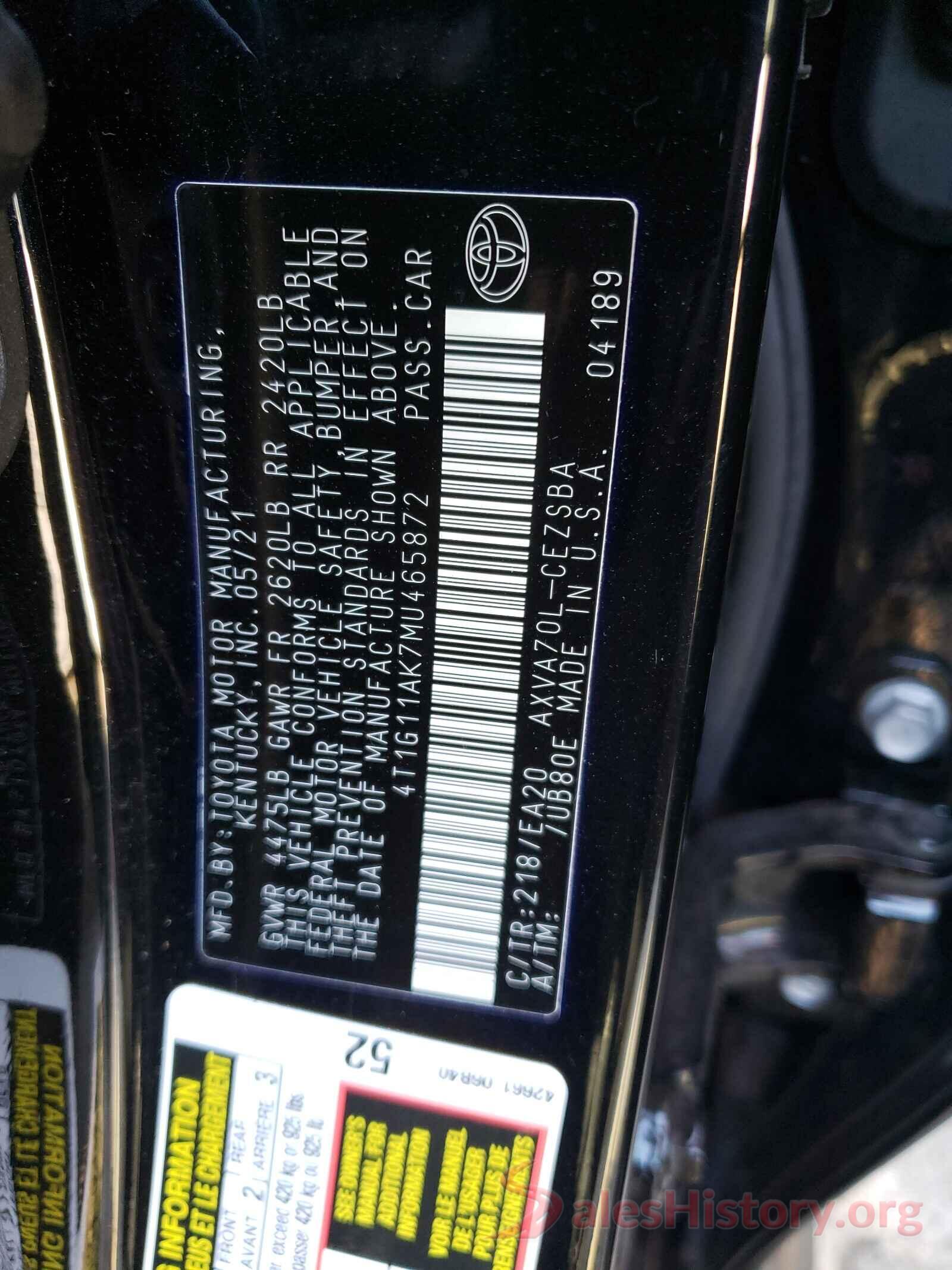 4T1G11AK7MU465872 2021 TOYOTA CAMRY