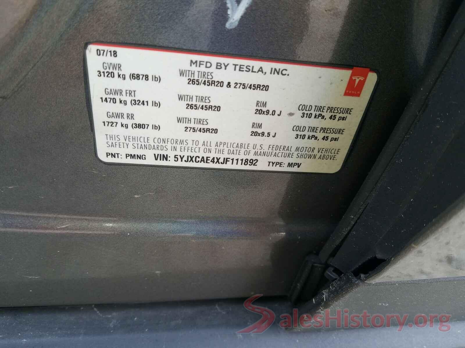 5YJXCAE4XJF111892 2018 TESLA MODEL X