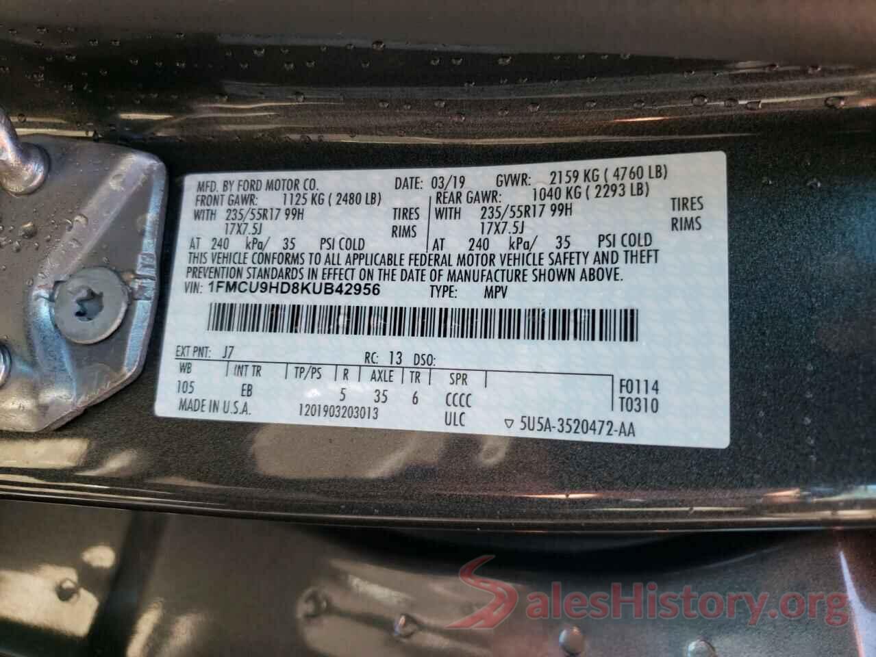 1FMCU9HD8KUB42956 2019 FORD ESCAPE