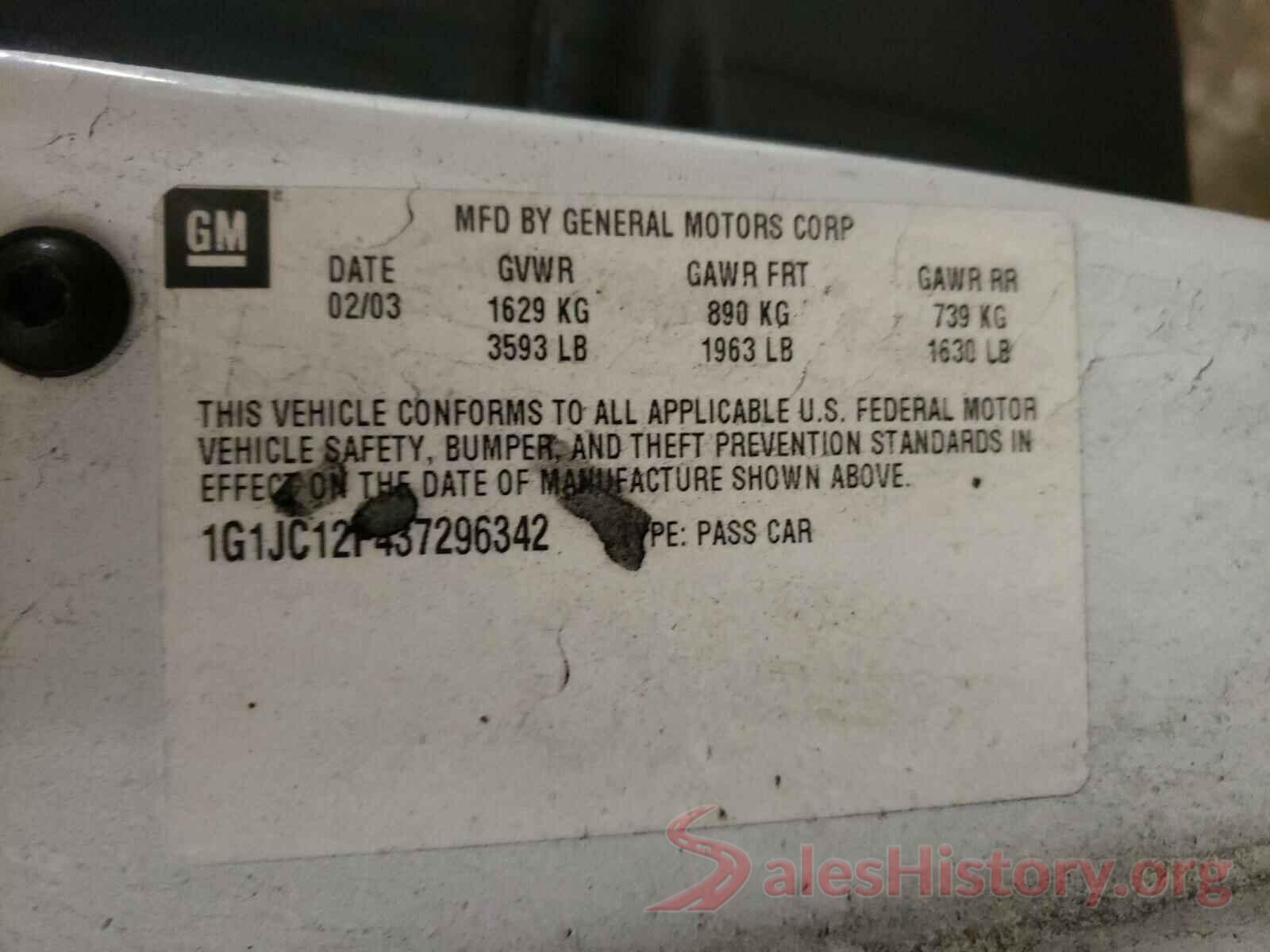 1G1JC12F437296342 2003 CHEVROLET CAVALIER