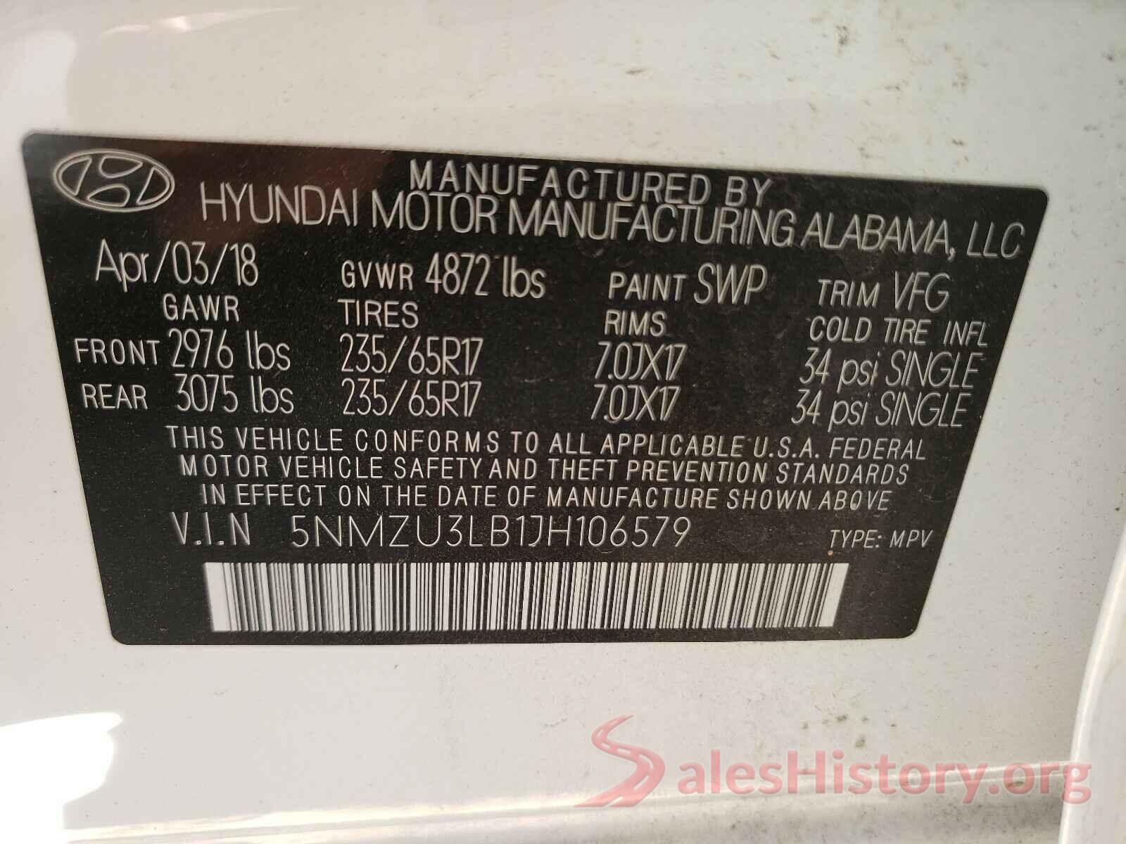 5NMZU3LB1JH106579 2018 HYUNDAI SANTA FE