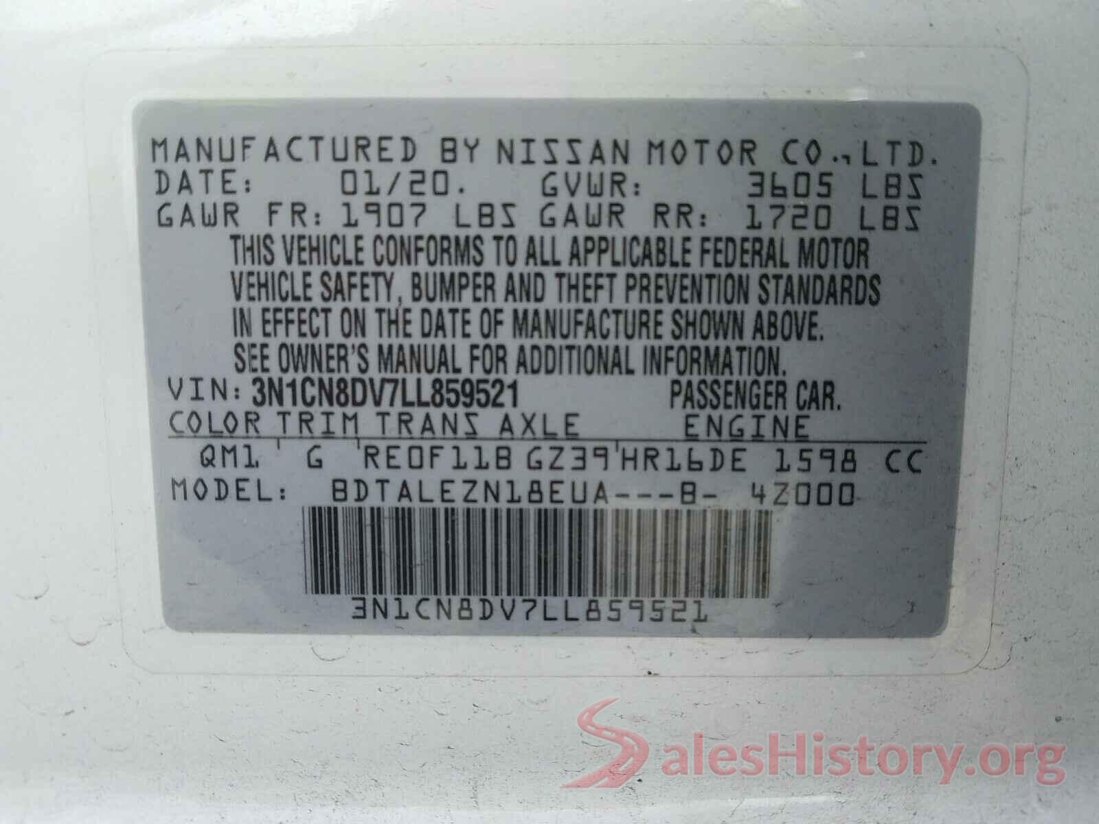 3N1CN8DV7LL859521 2020 NISSAN VERSA