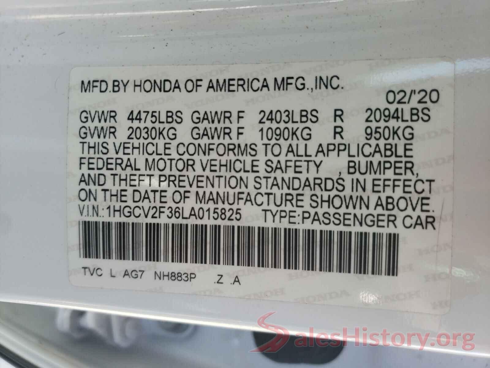 1HGCV2F36LA015825 2020 HONDA ACCORD