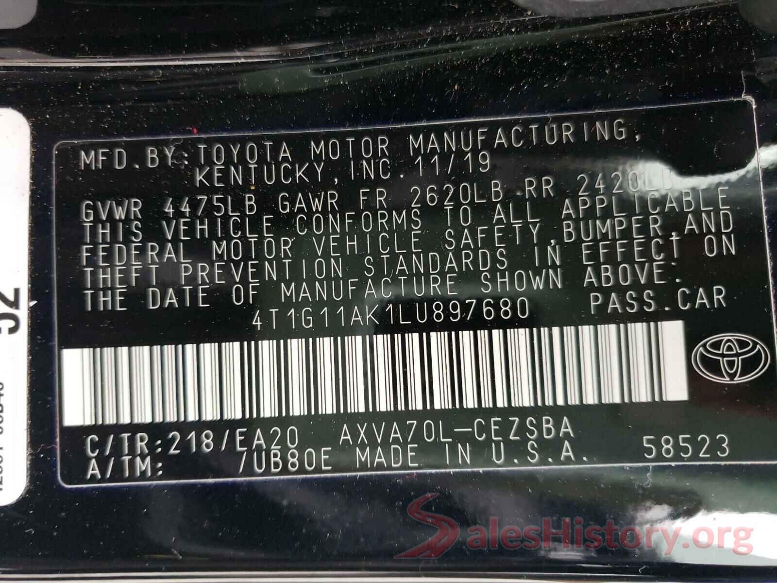 4T1G11AK1LU897680 2020 TOYOTA CAMRY