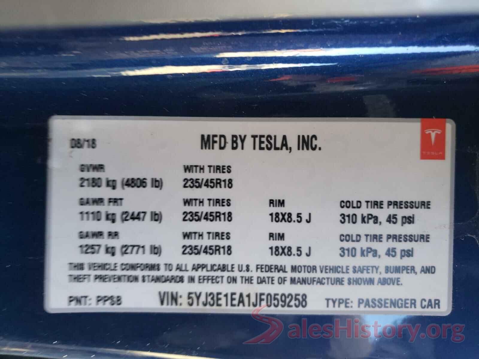 5YJ3E1EA1JF059258 2018 TESLA MODEL 3