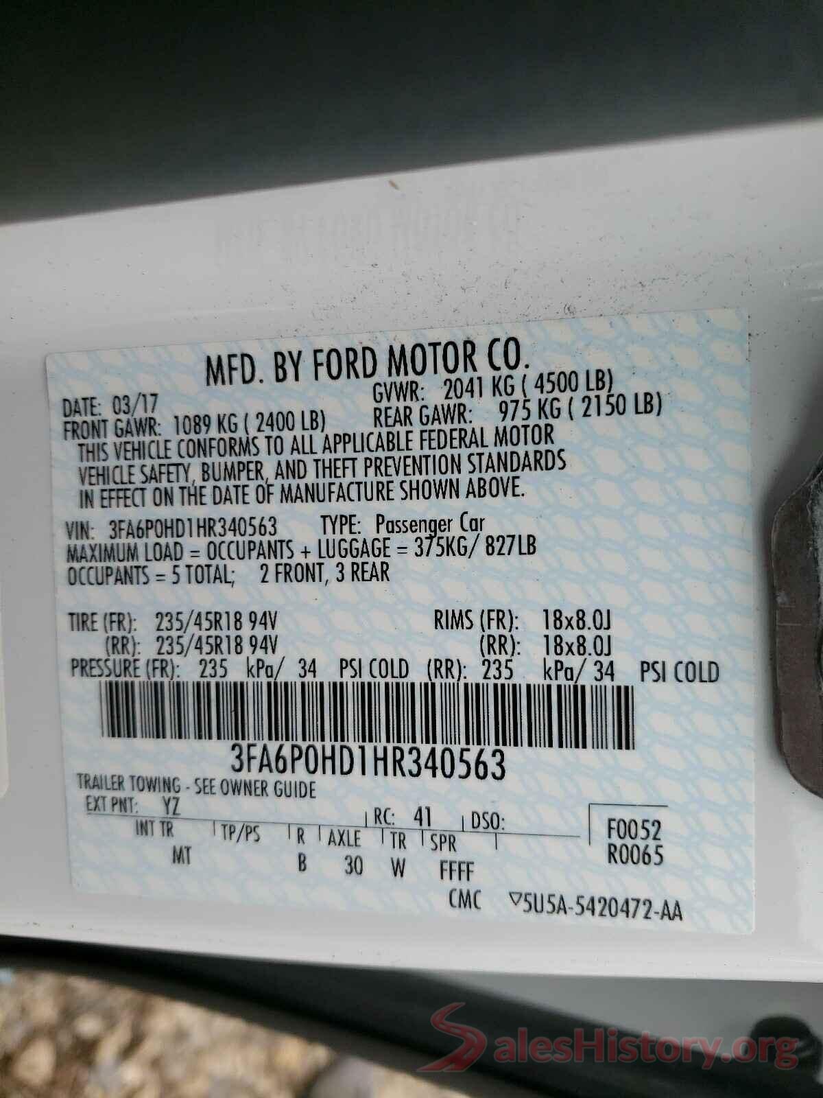 3FA6P0HD1HR340563 2017 FORD FUSION