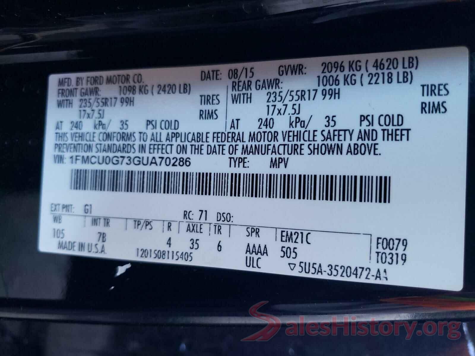 1FMCU0G73GUA70286 2016 FORD ESCAPE