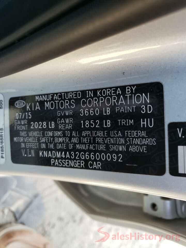 KNADM4A32G6600092 2016 KIA RIO