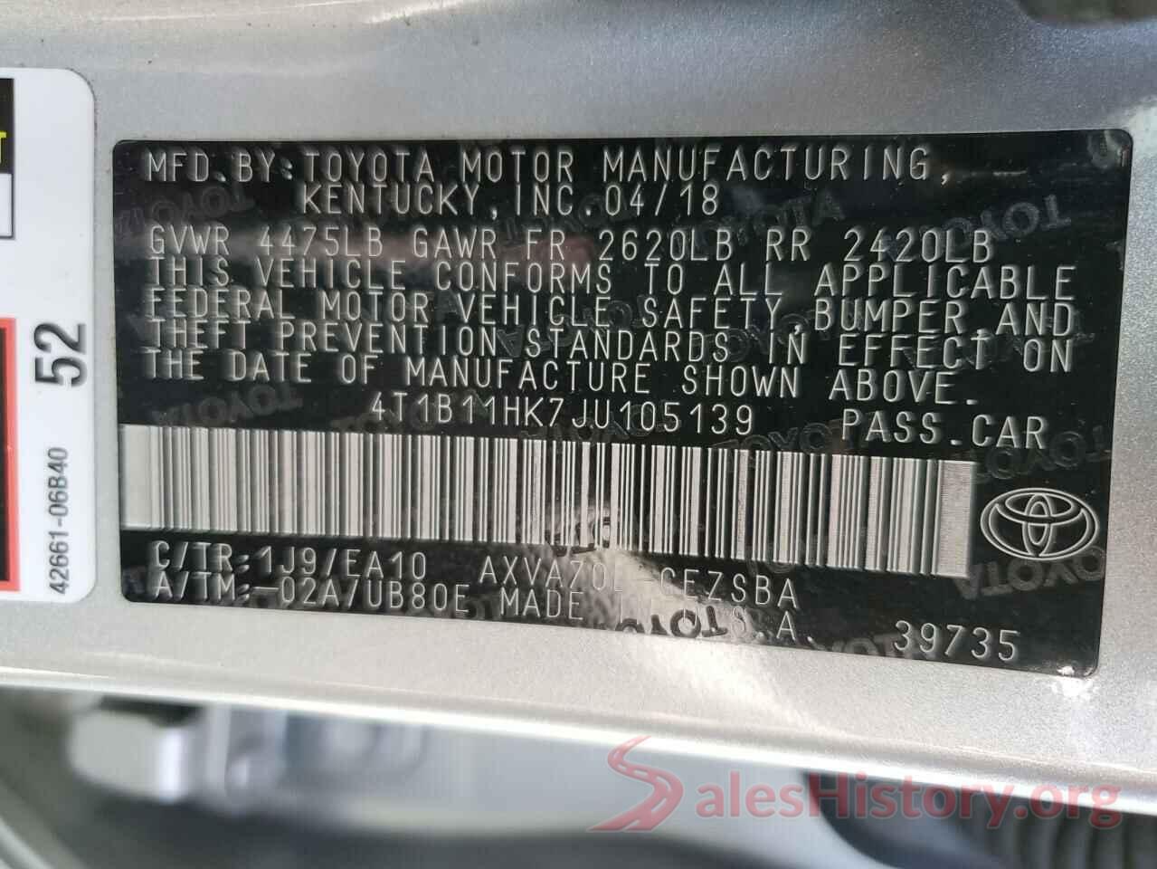 4T1B11HK7JU105139 2018 TOYOTA CAMRY