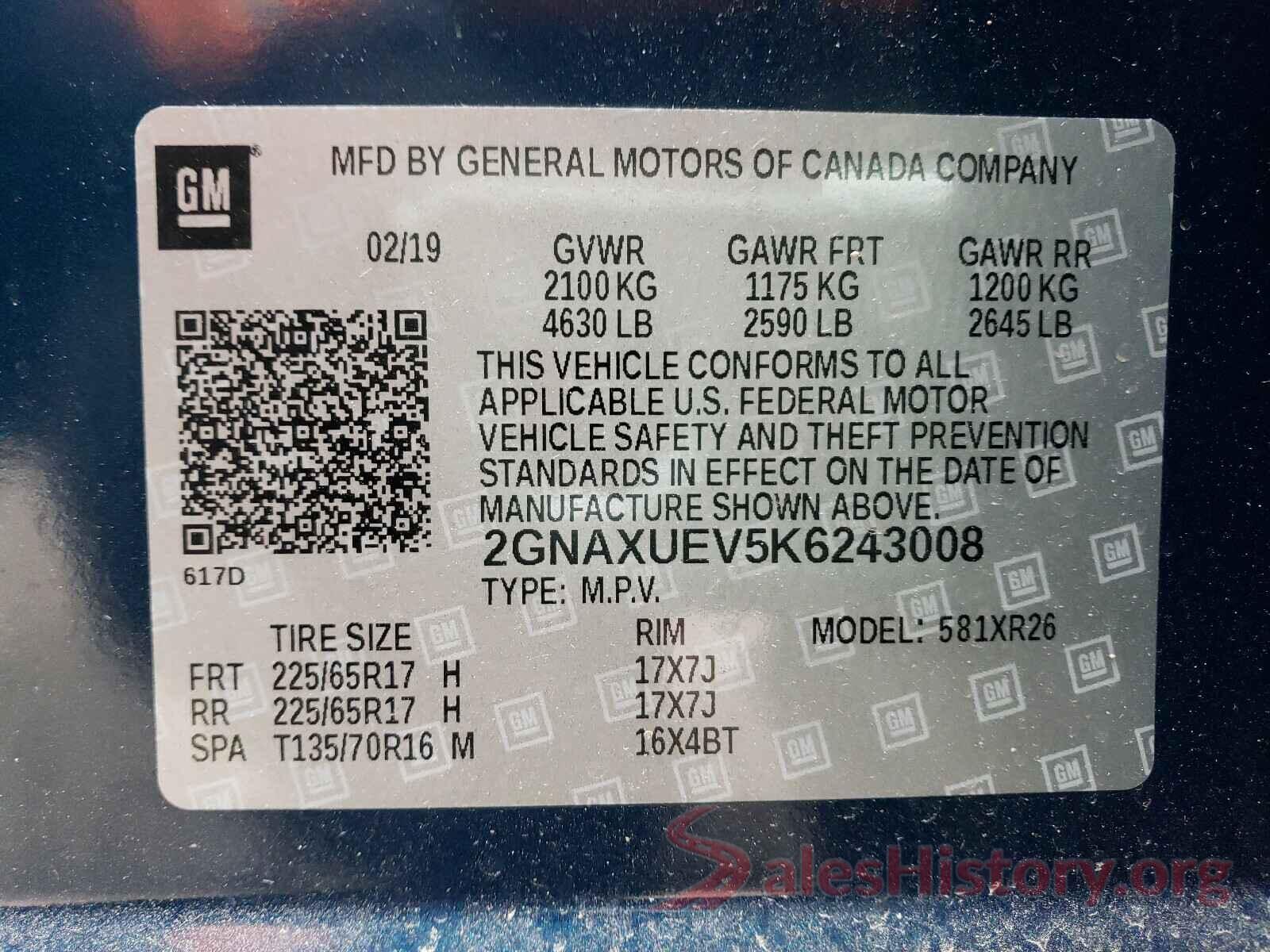 2GNAXUEV5K6243008 2019 CHEVROLET EQUINOX