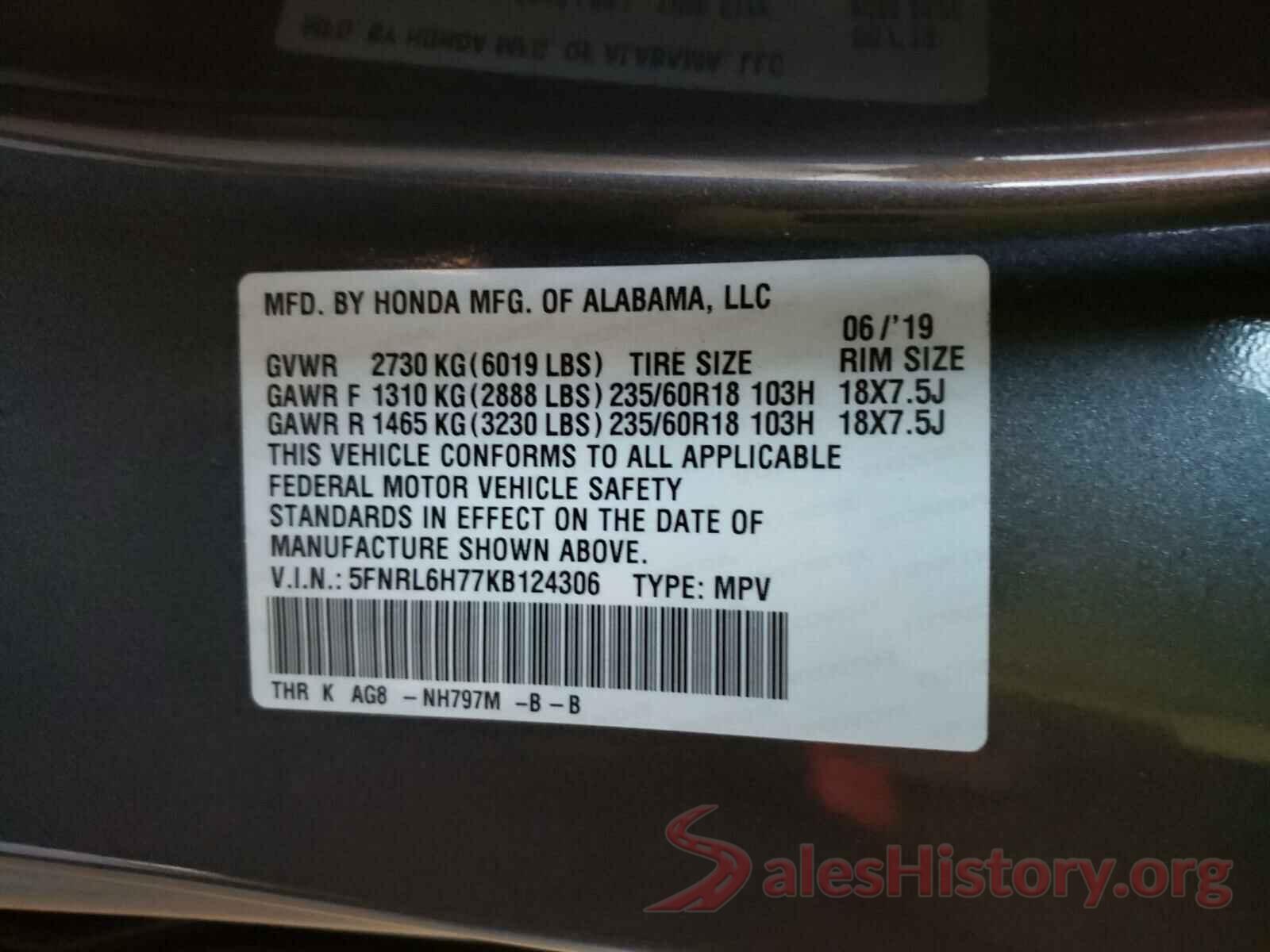 5FNRL6H77KB124306 2019 HONDA ODYSSEY