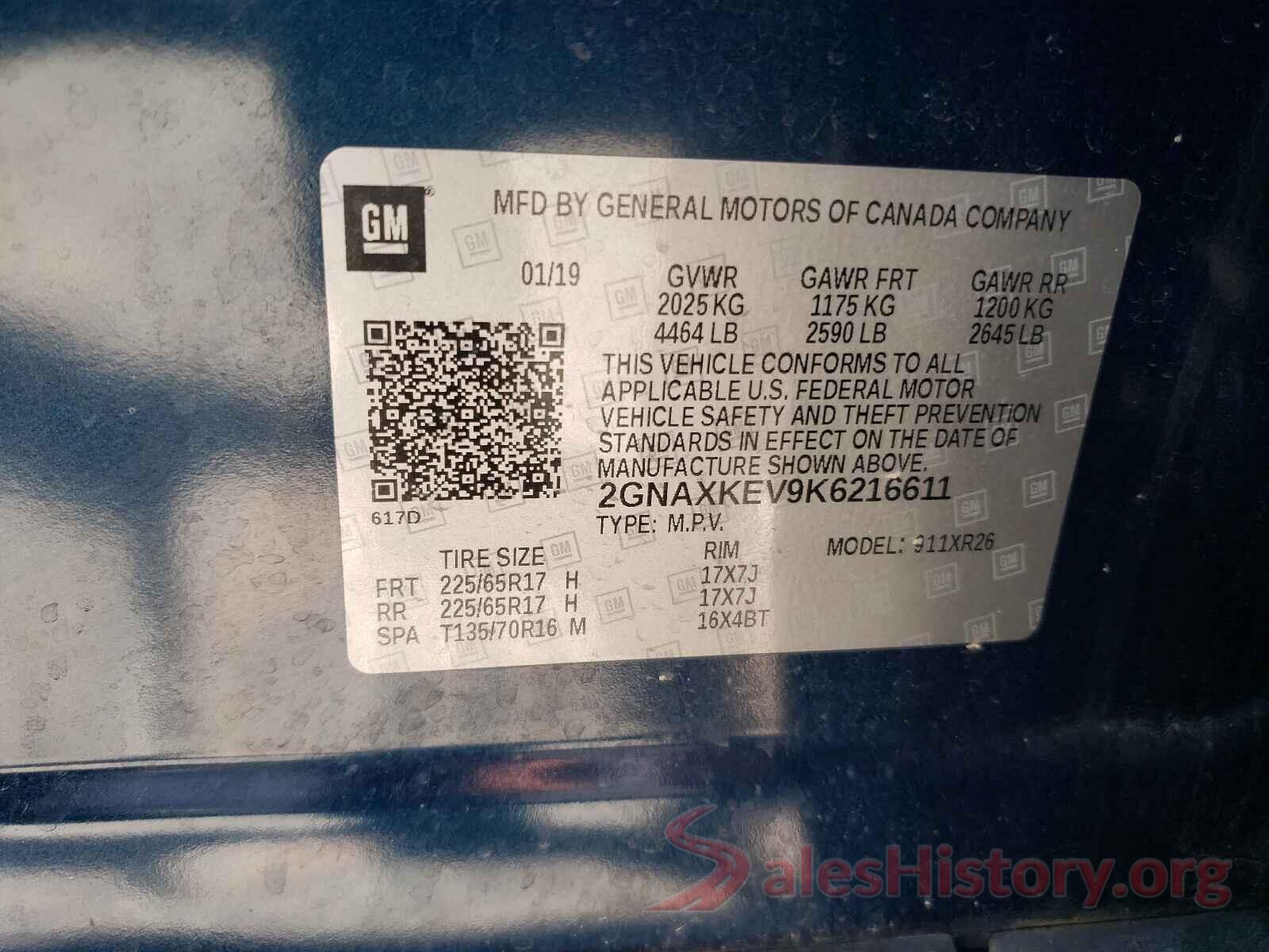 2GNAXKEV9K6216611 2019 CHEVROLET EQUINOX