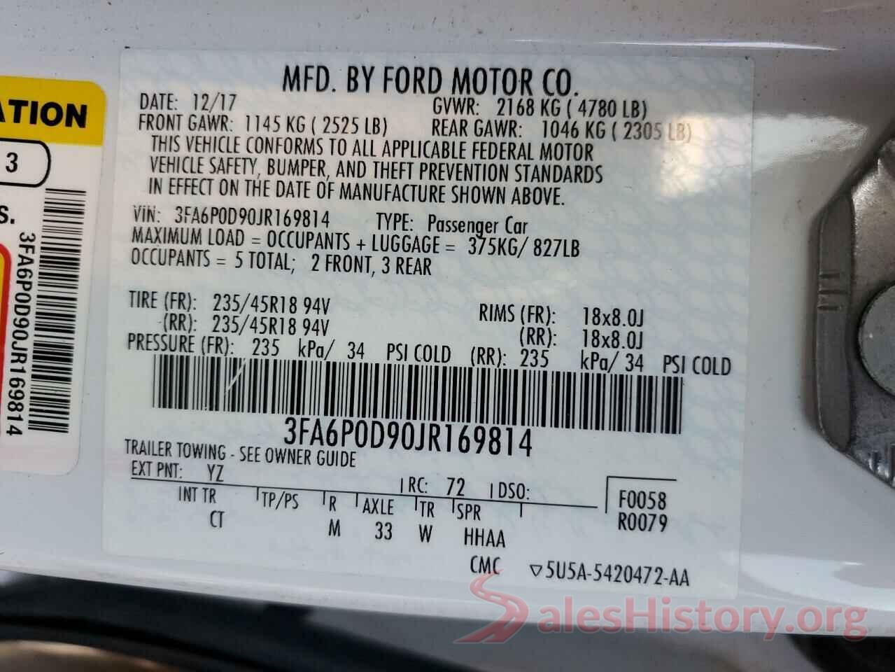 3FA6P0D90JR169814 2018 FORD FUSION