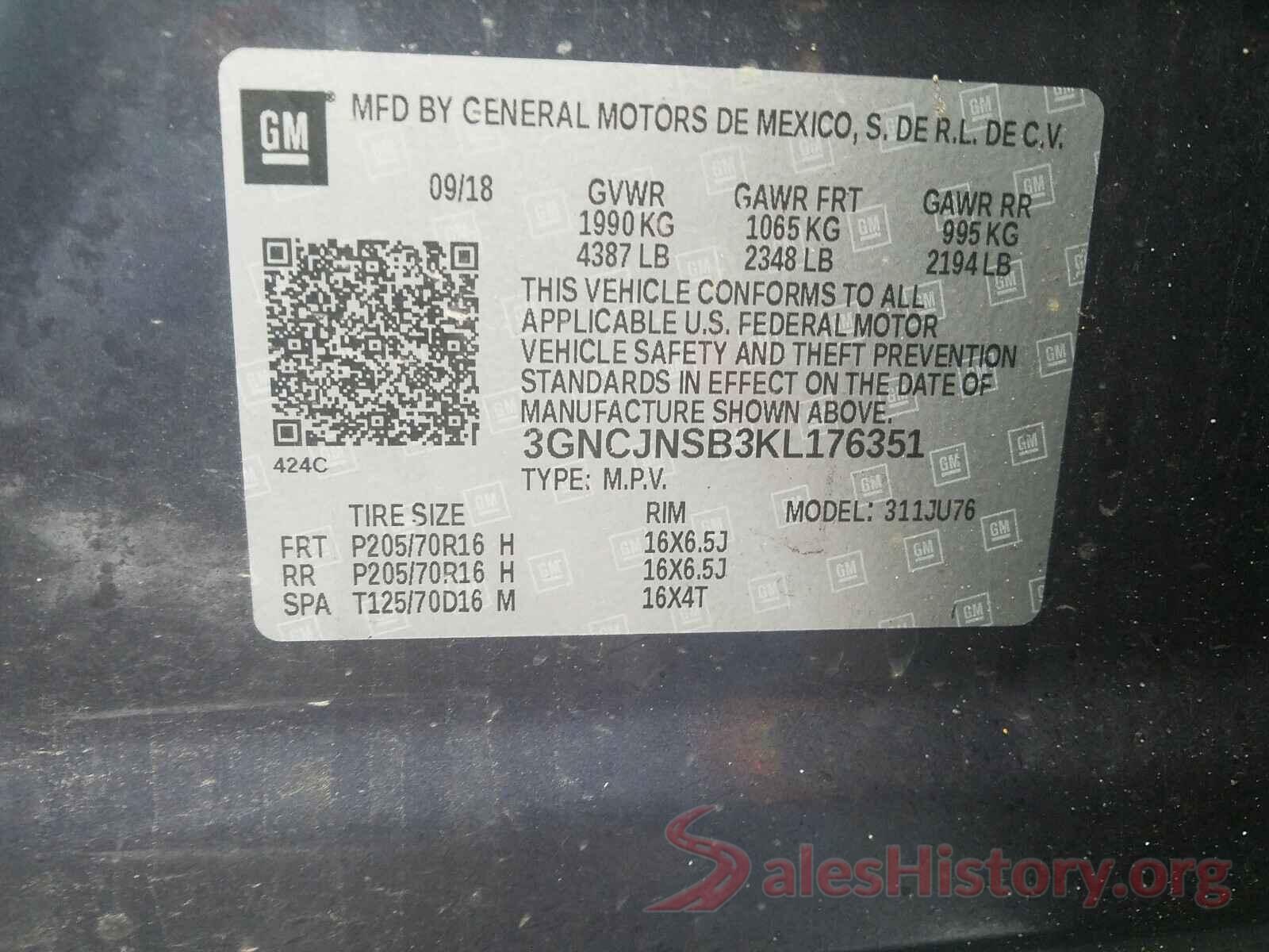 3GNCJNSB3KL176351 2019 CHEVROLET TRAX