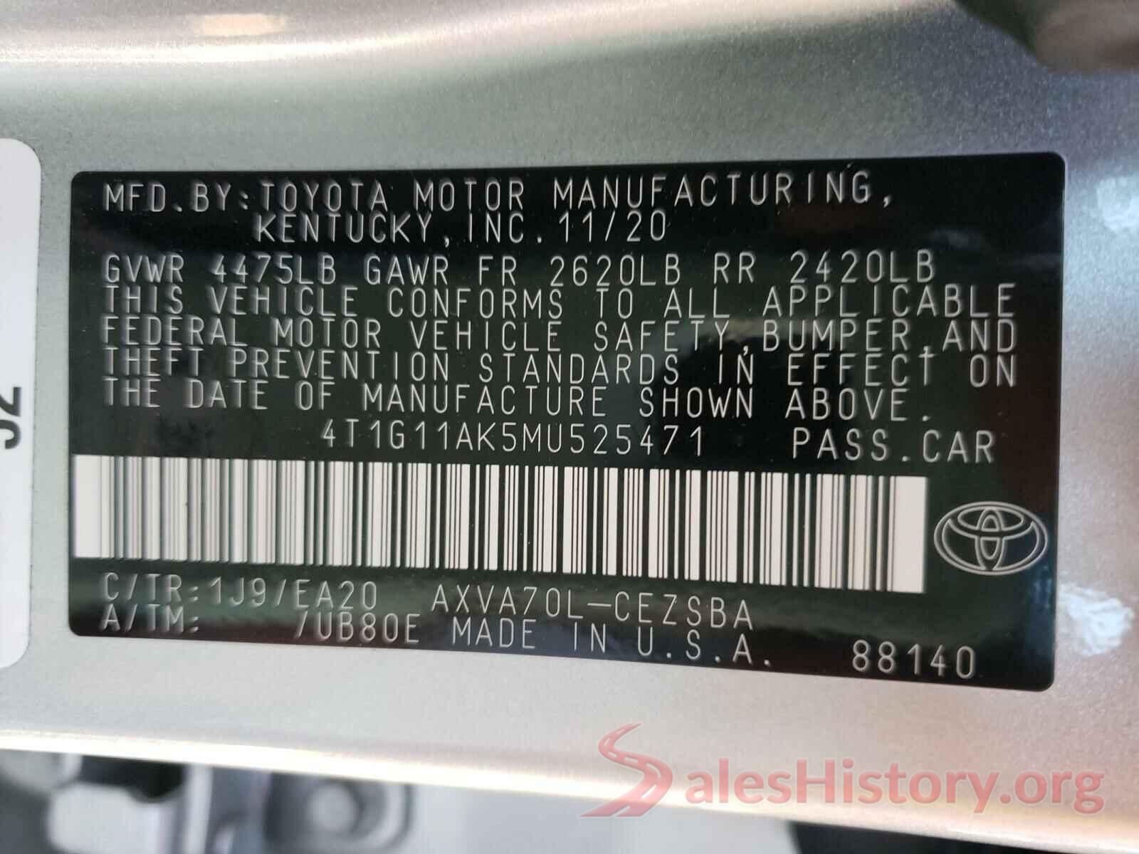 4T1G11AK5MU525471 2021 TOYOTA CAMRY