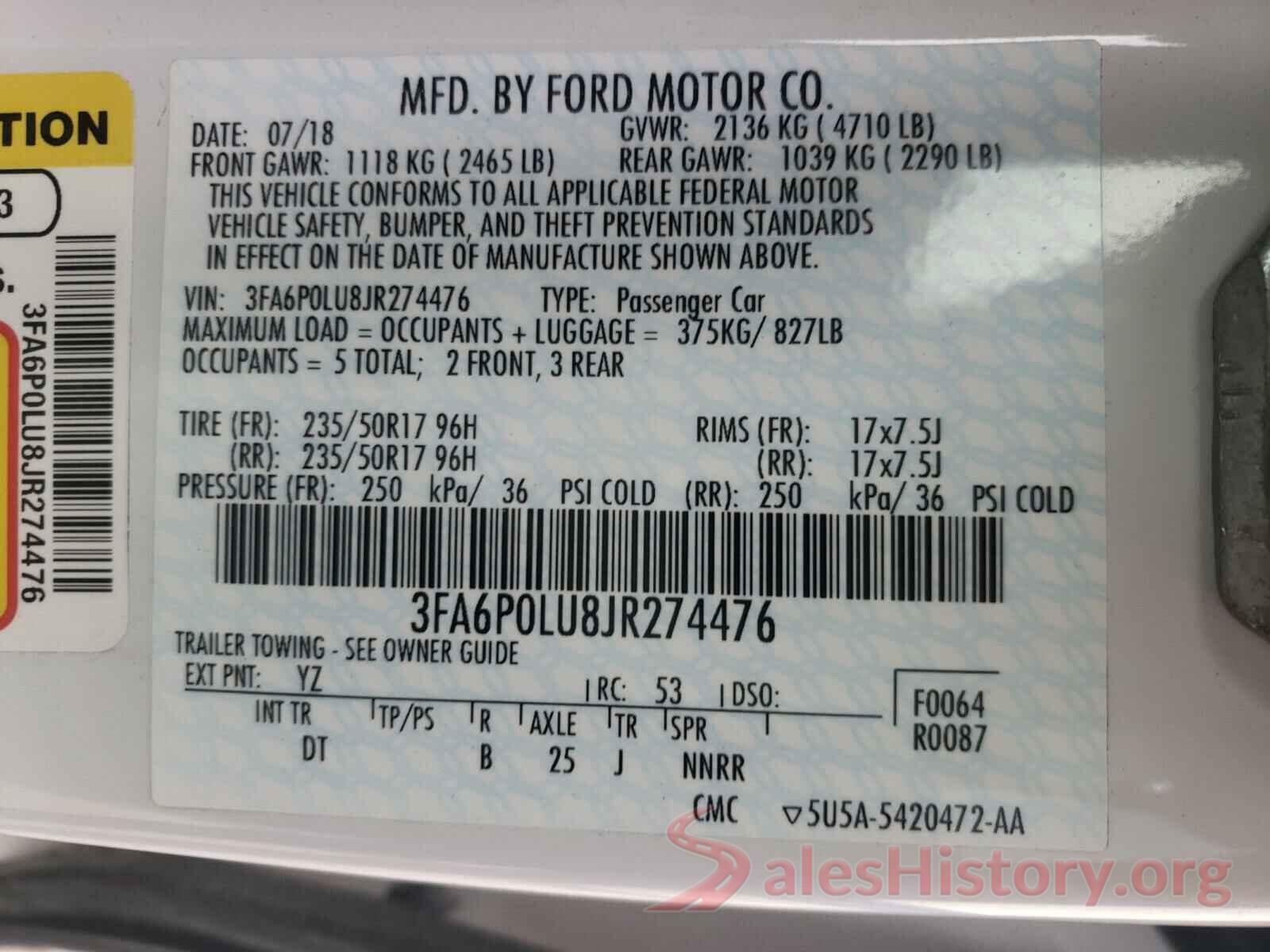 3FA6P0LU8JR274476 2018 FORD FUSION