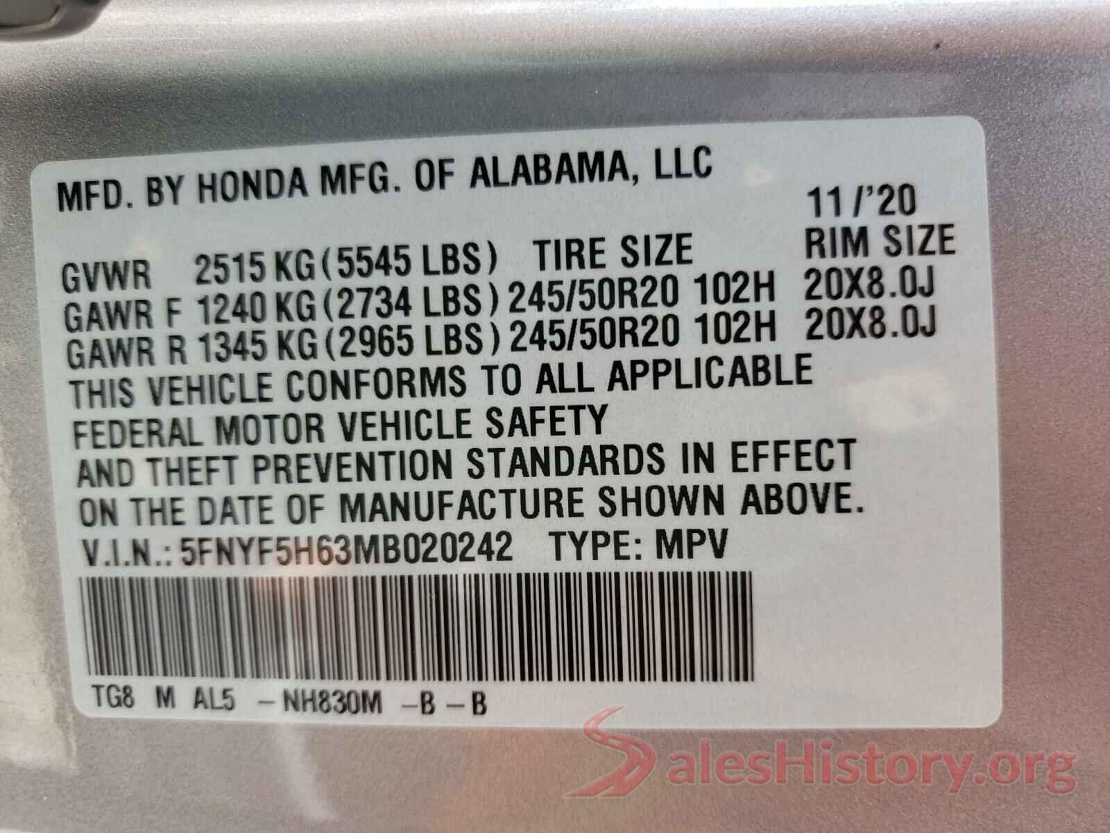 5FNYF5H63MB020242 2021 HONDA PILOT