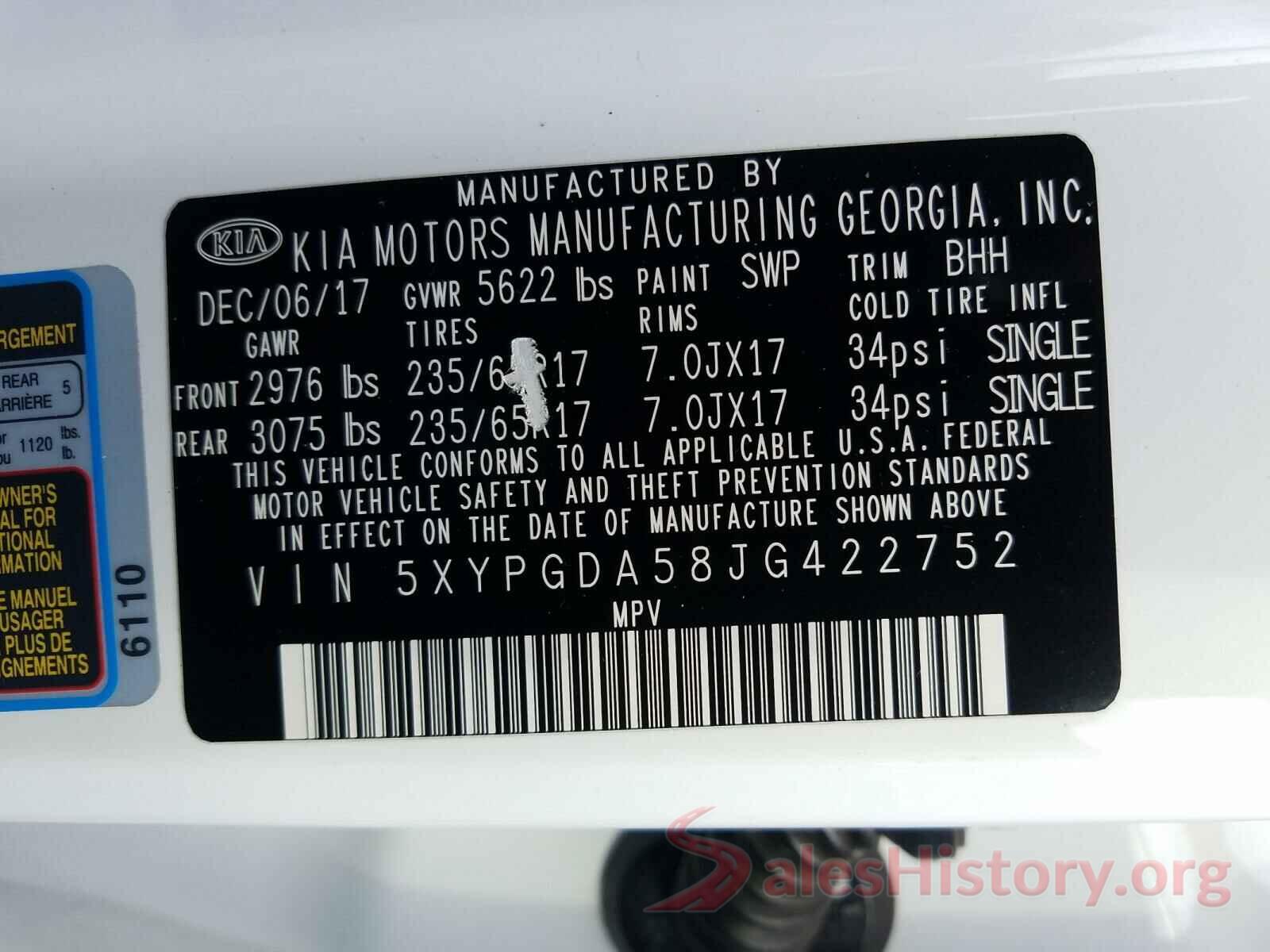 5XYPGDA58JG422752 2018 KIA SORENTO