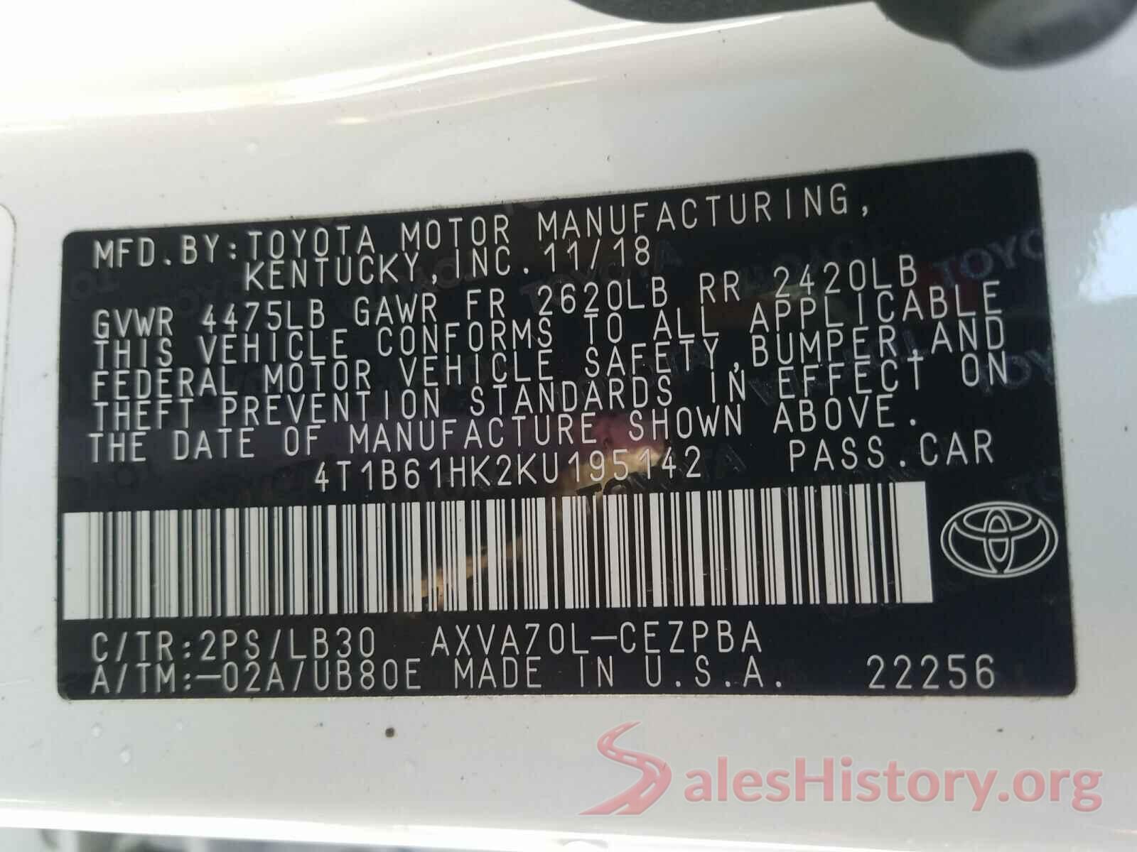 4T1B61HK2KU195142 2019 TOYOTA CAMRY