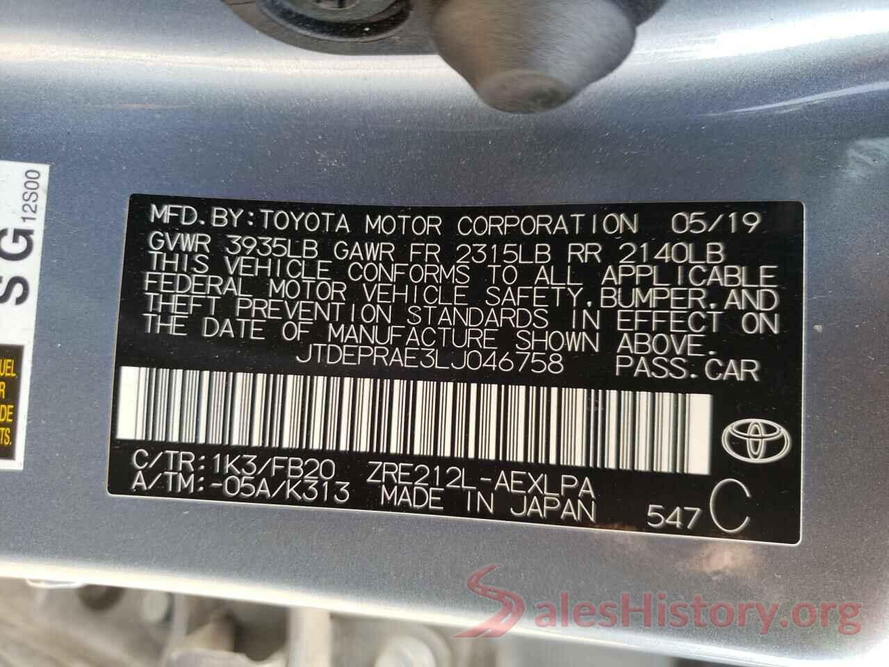 JTDEPRAE3LJ046758 2020 TOYOTA COROLLA