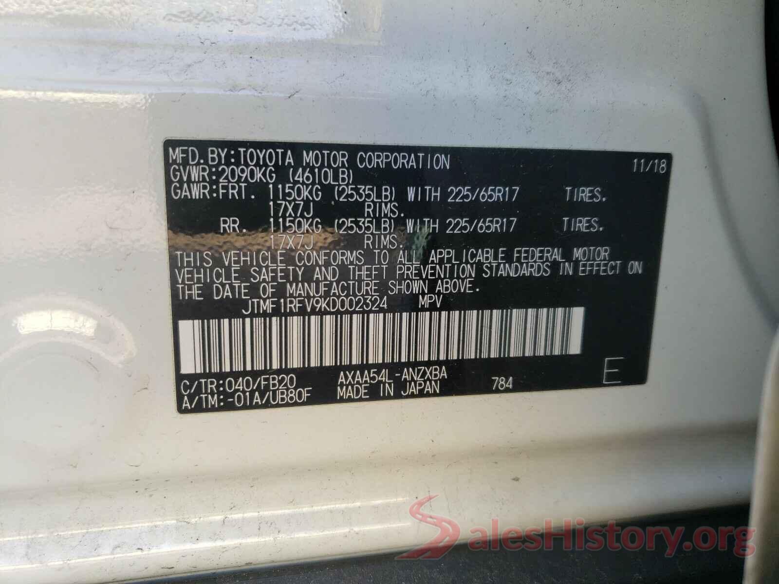 JTMF1RFV9KD002324 2019 TOYOTA RAV4