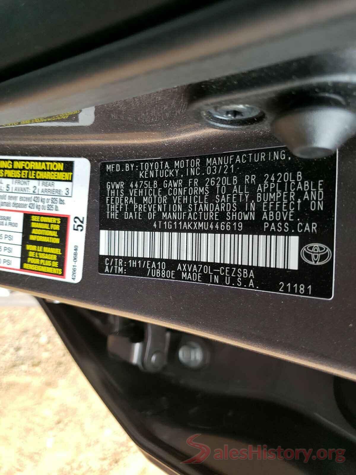 4T1G11AKXMU446619 2021 TOYOTA CAMRY