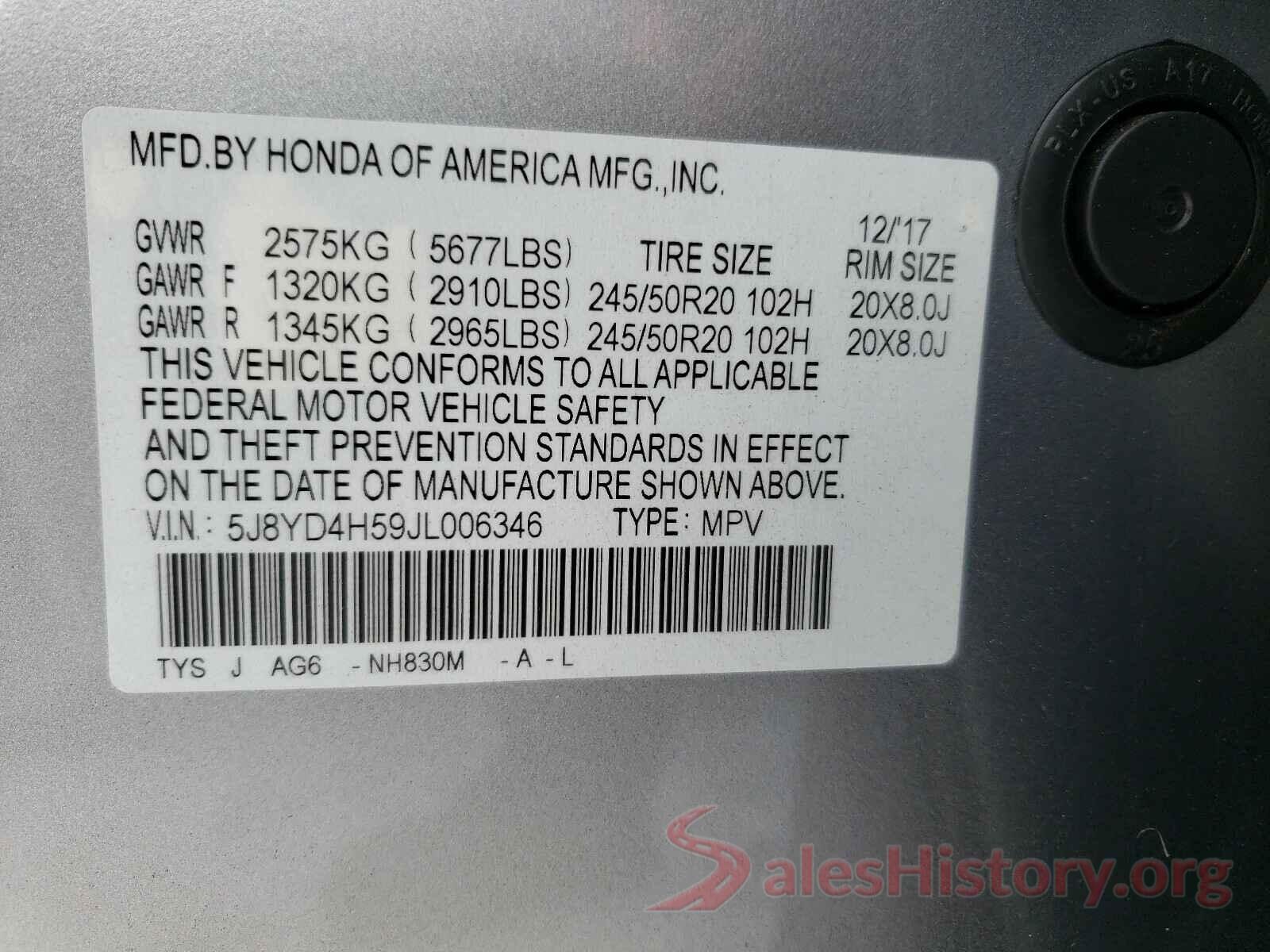 5J8YD4H59JL006346 2018 ACURA MDX