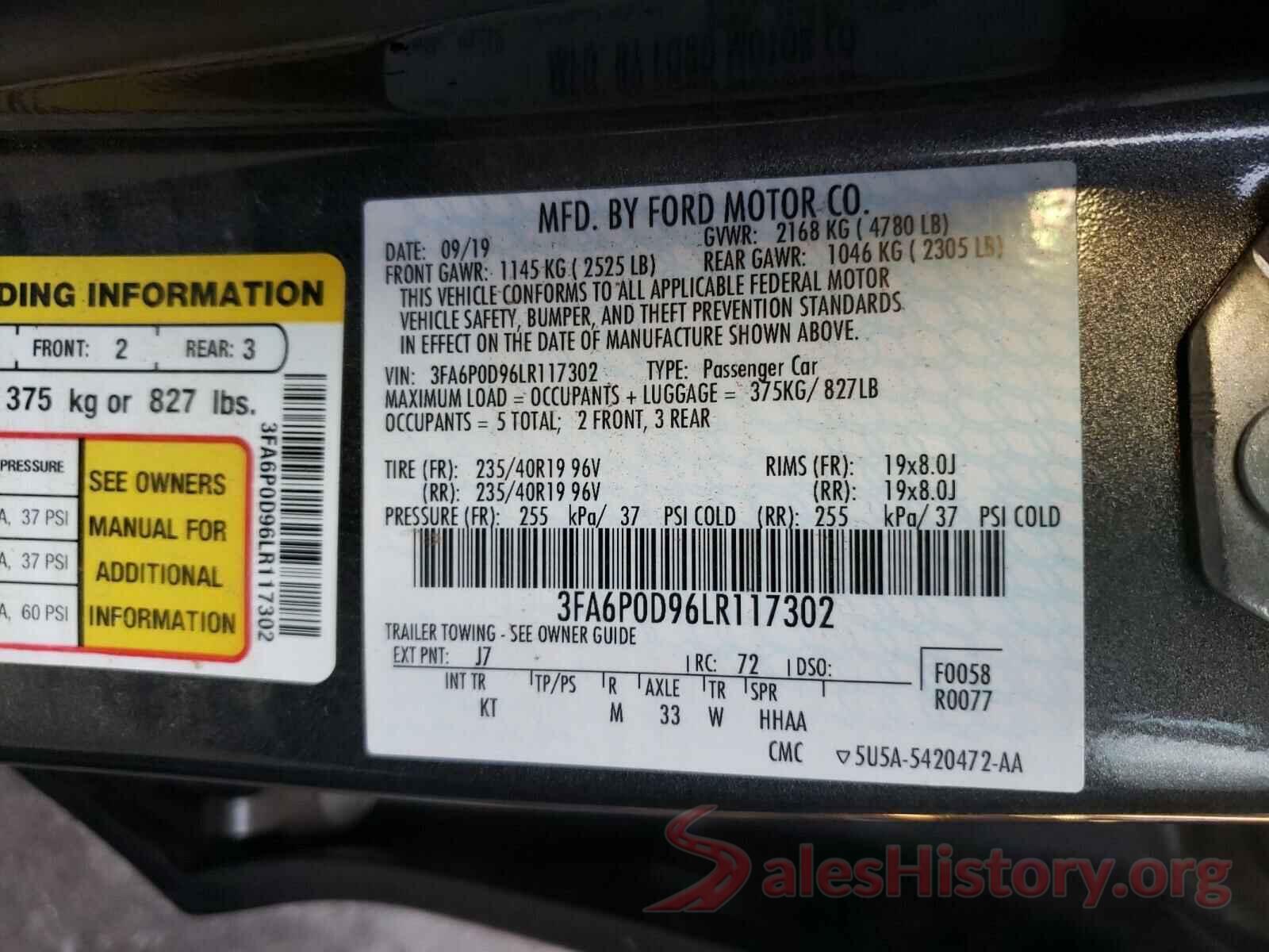 3FA6P0D96LR117302 2020 FORD FUSION