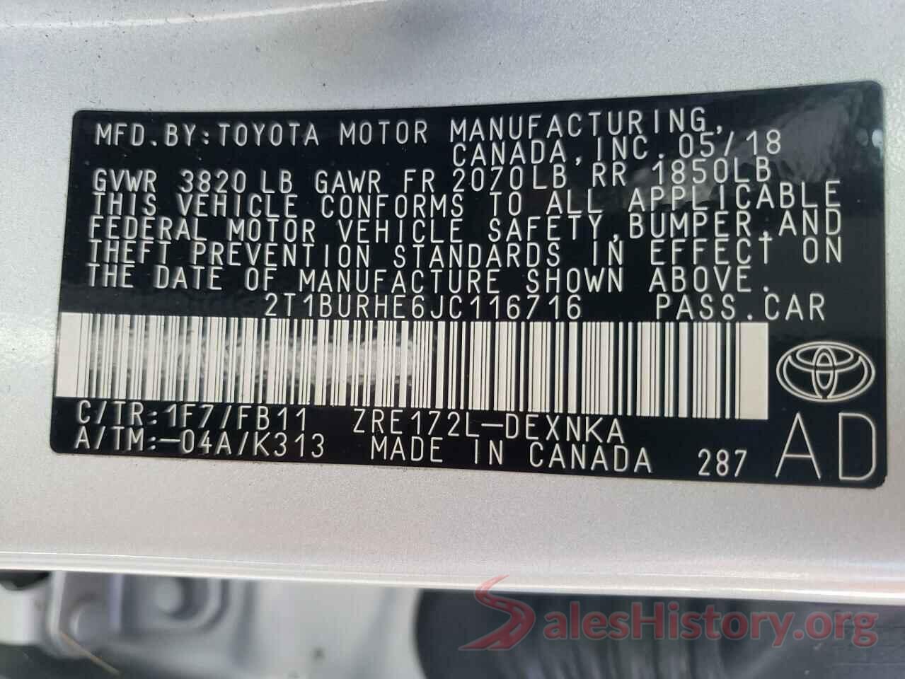 2T1BURHE6JC116716 2018 TOYOTA COROLLA