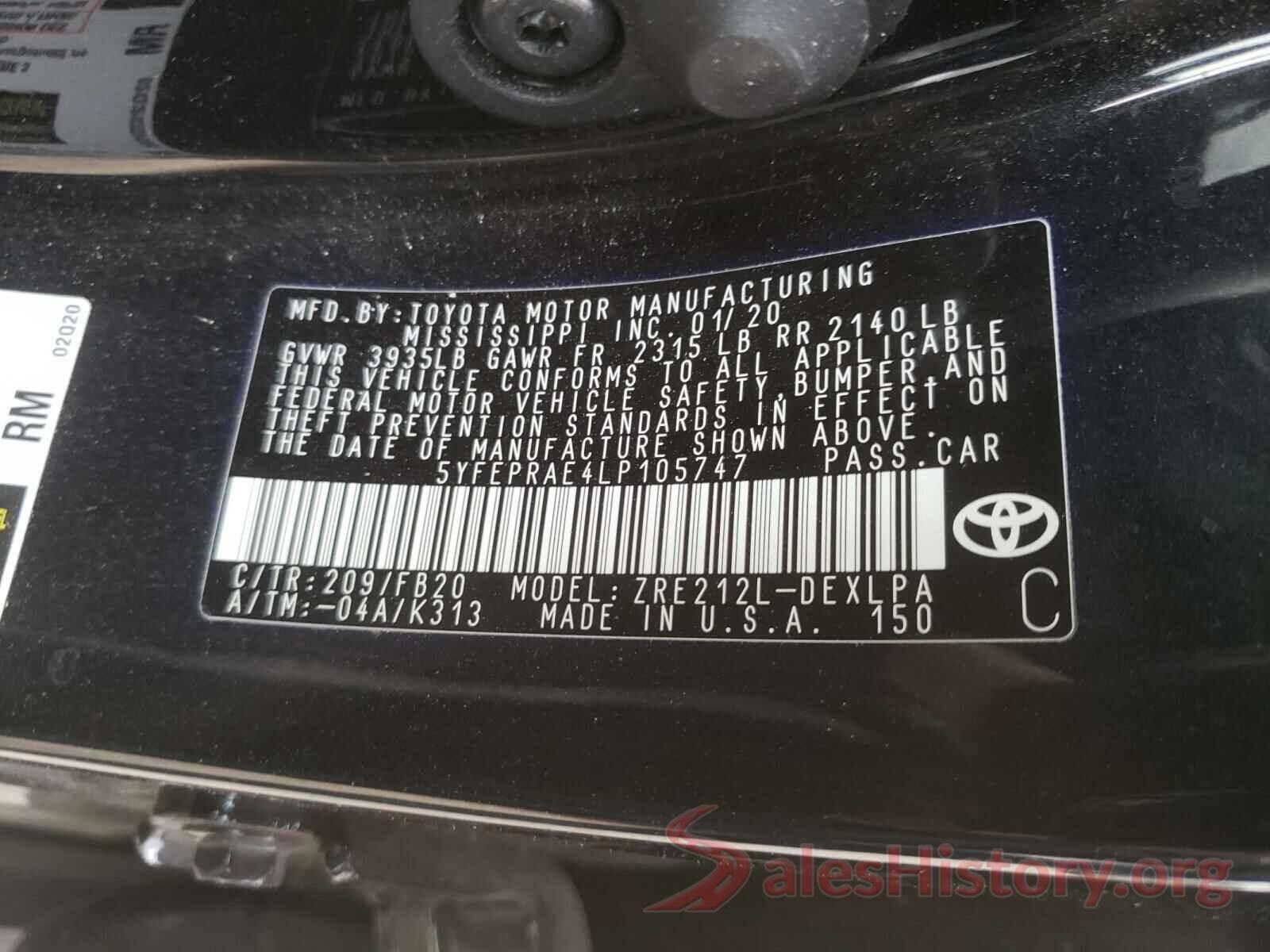 5YFEPRAE4LP105747 2020 TOYOTA COROLLA