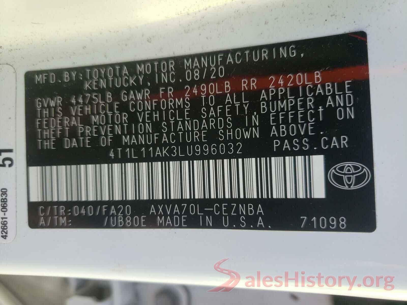 4T1L11AK3LU996032 2020 TOYOTA CAMRY