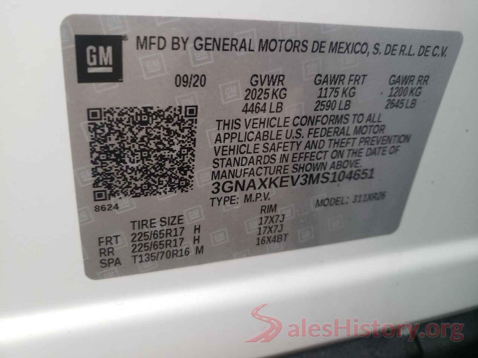 3GNAXKEV3MS104651 2021 CHEVROLET EQUINOX