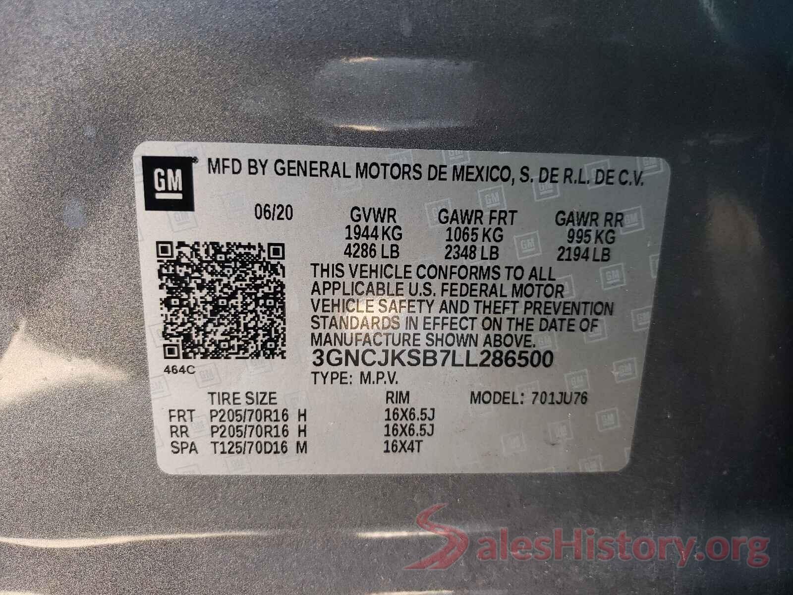 3GNCJKSB7LL286500 2020 CHEVROLET TRAX