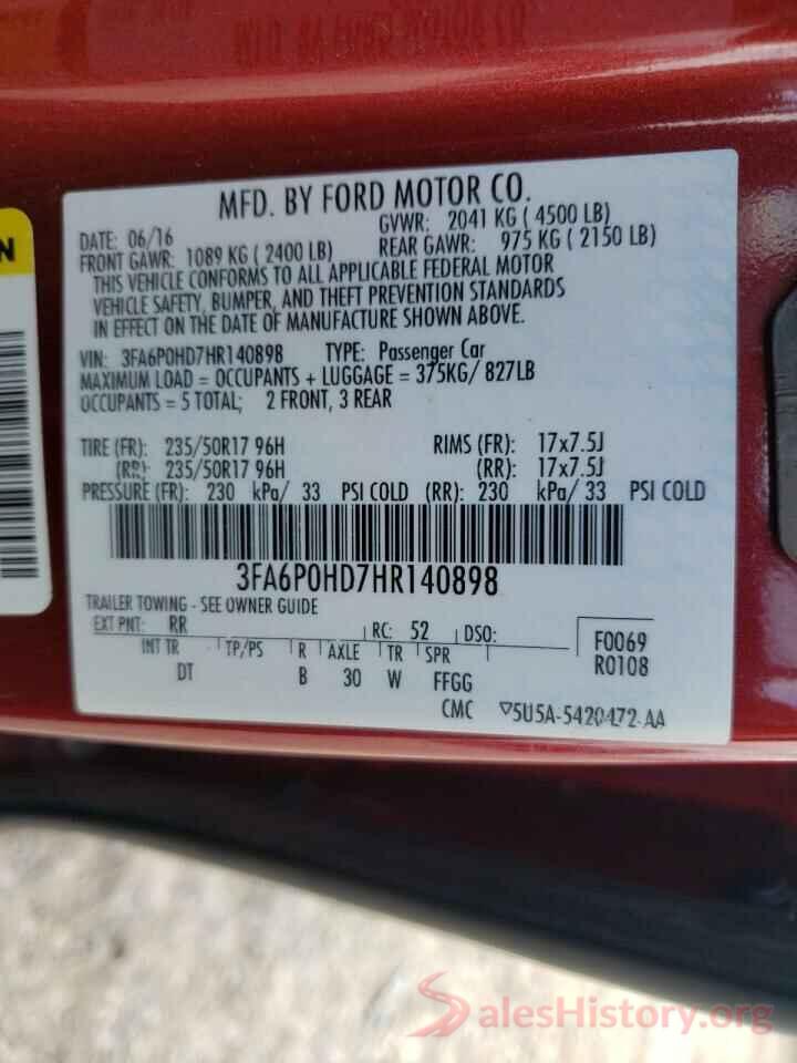 3FA6P0HD7HR140898 2017 FORD FUSION