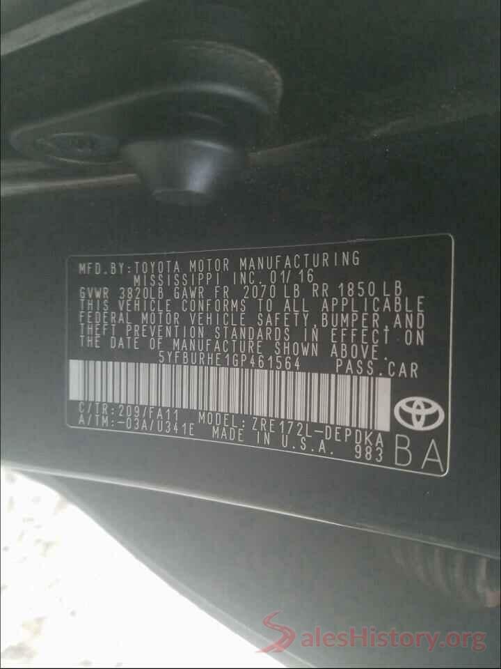 5YFBURHE1GP461564 2016 TOYOTA COROLLA