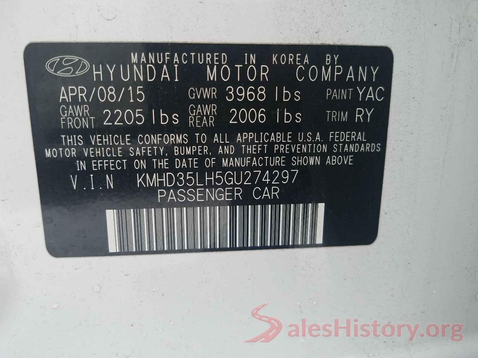 KMHD35LH5GU274297 2016 HYUNDAI ELANTRA