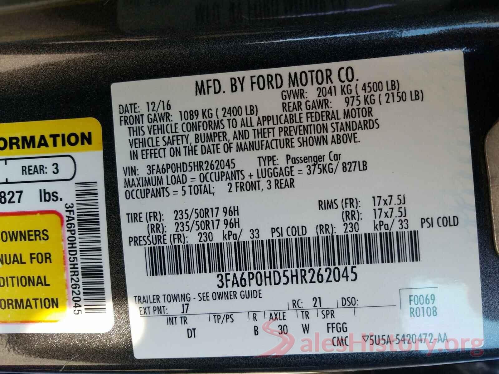 3FA6P0HD5HR262045 2017 FORD FUSION