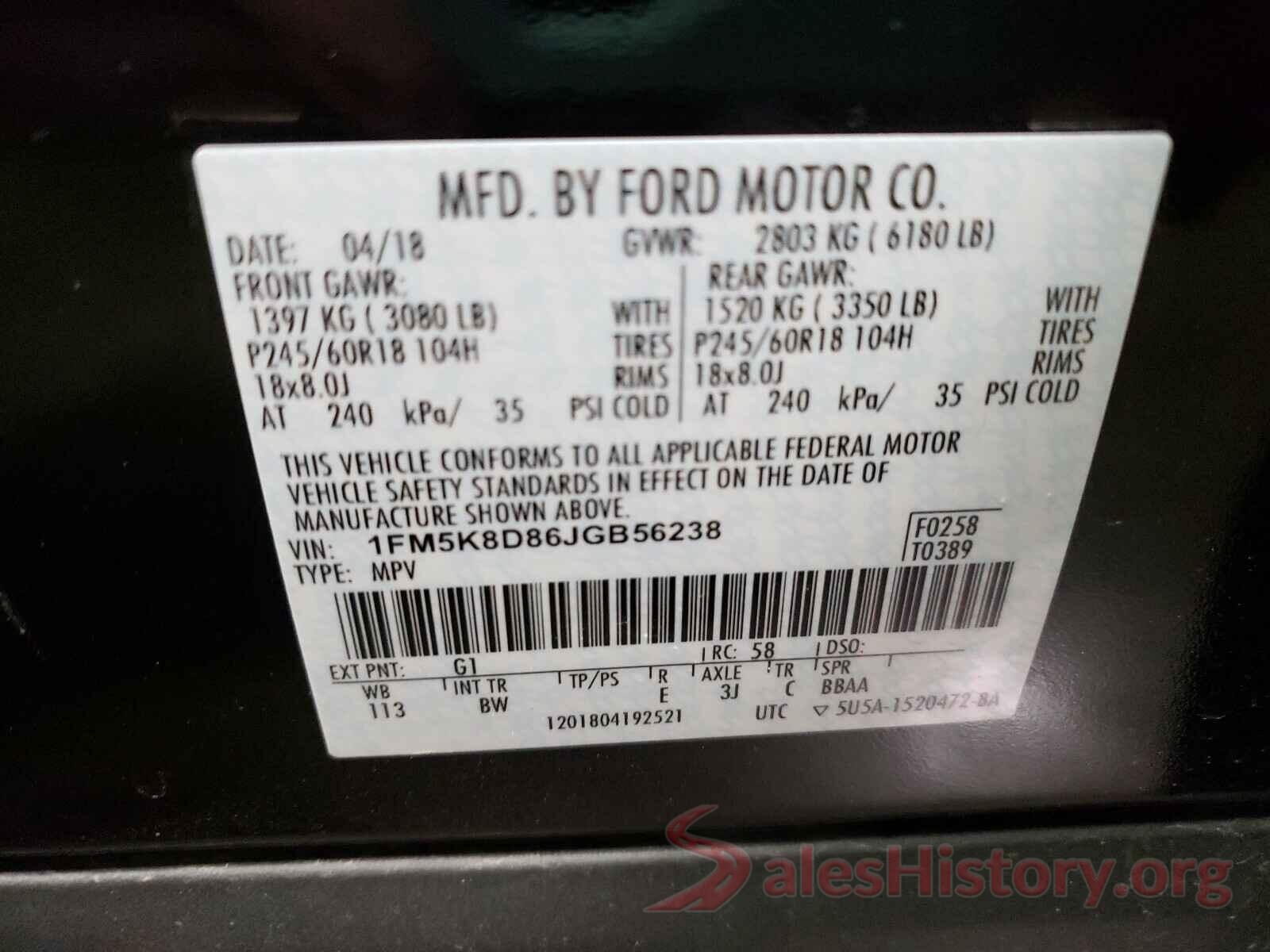 1FM5K8D86JGB56238 2018 FORD EXPLORER