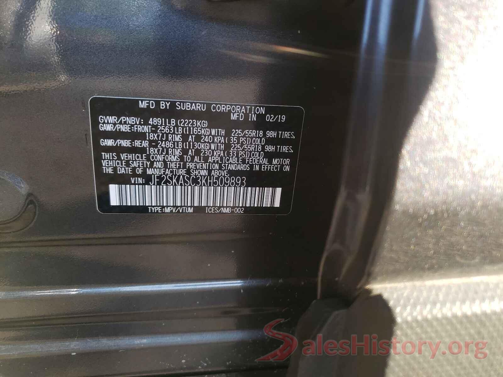 JF2SKASC3KH509893 2019 SUBARU FORESTER