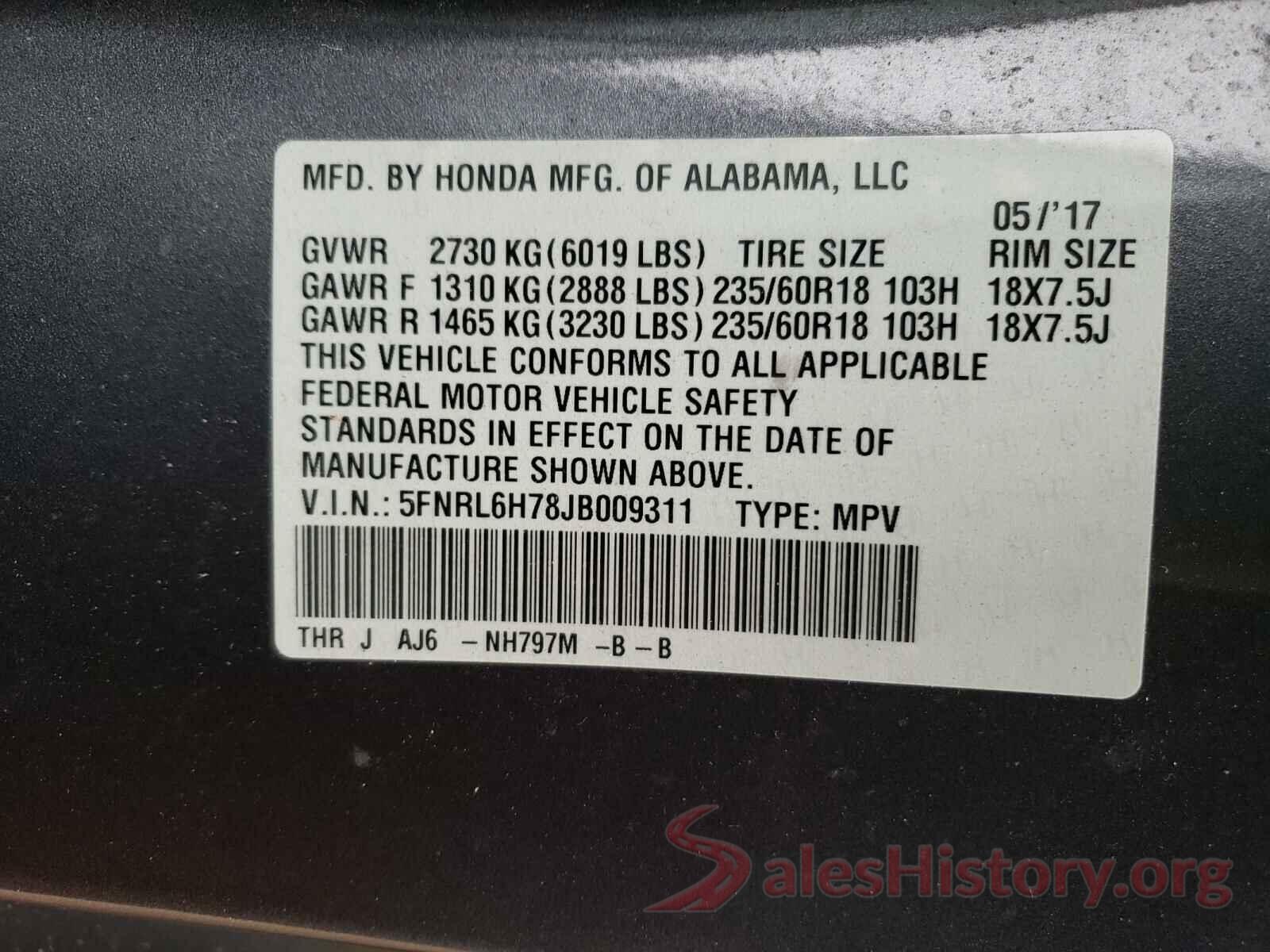 5FNRL6H78JB009311 2018 HONDA ODYSSEY