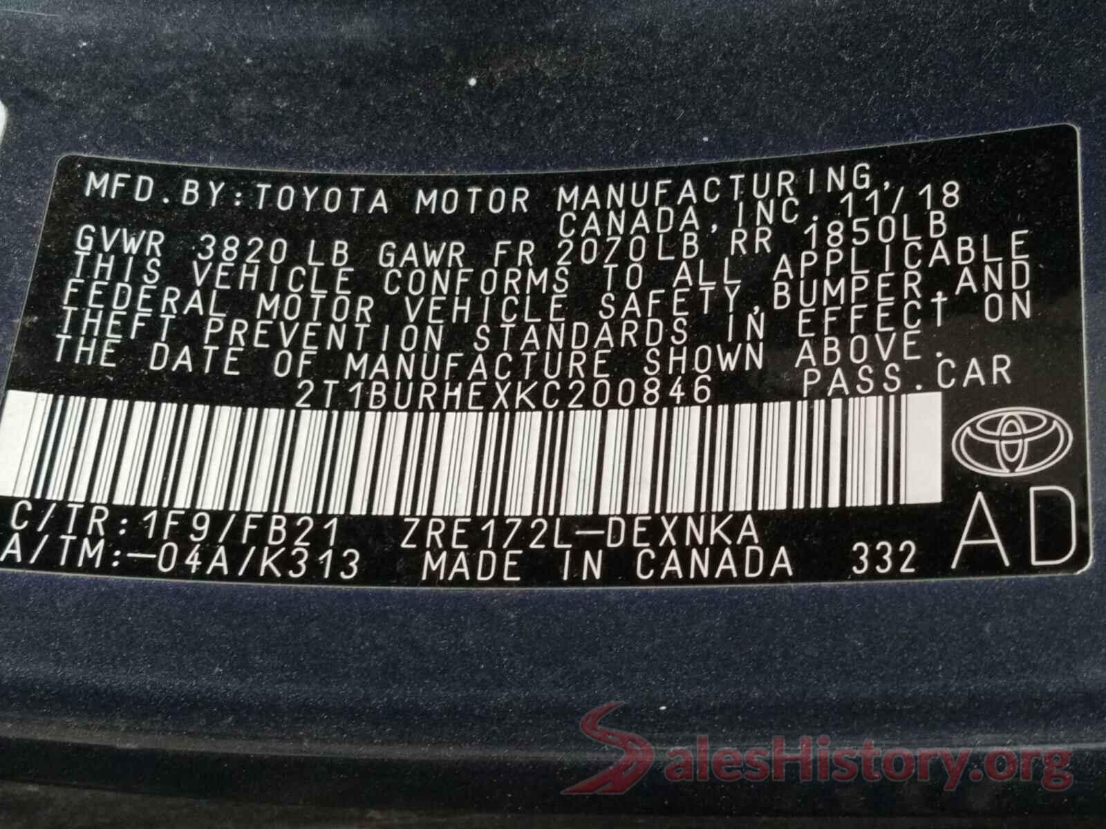 2T1BURHEXKC200846 2019 TOYOTA COROLLA