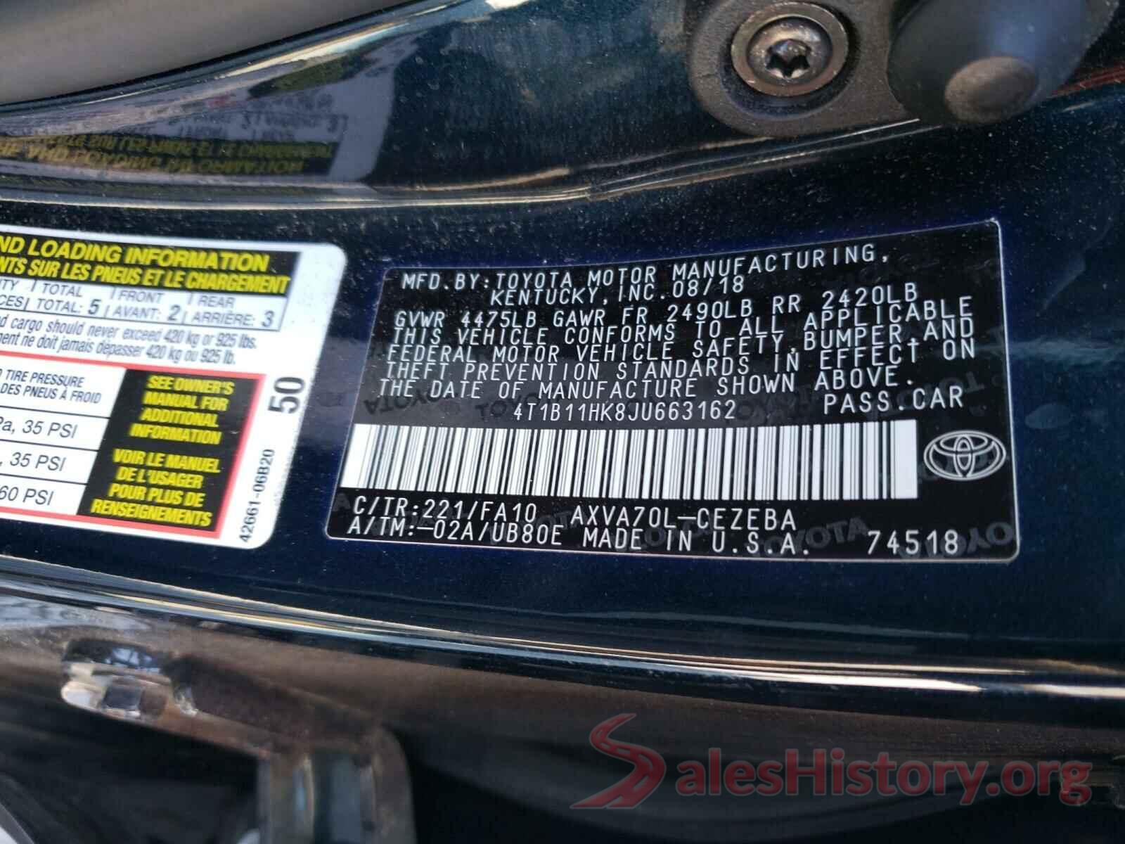 4T1B11HK8JU663162 2018 TOYOTA CAMRY