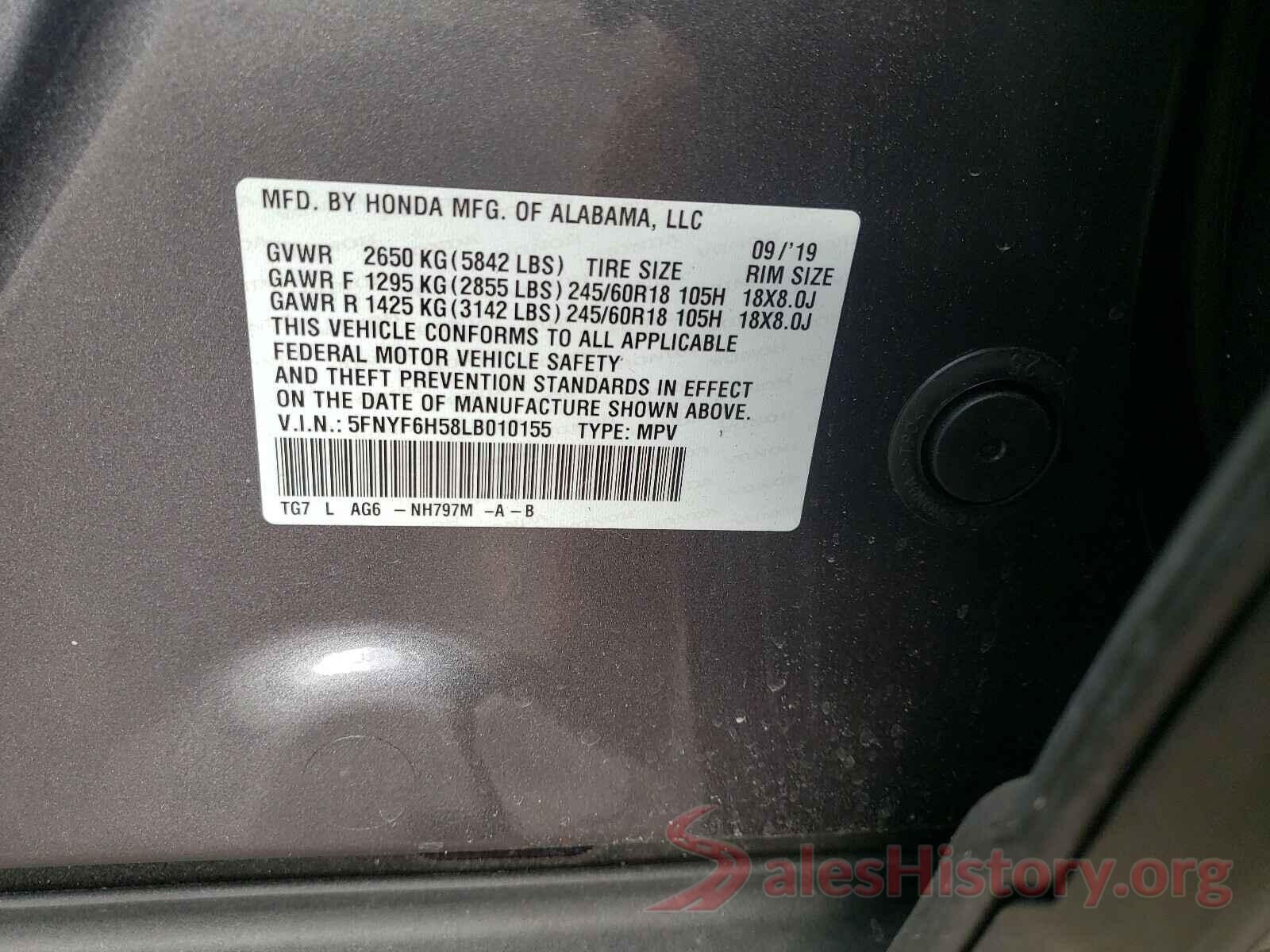 5FNYF6H58LB010155 2020 HONDA PILOT