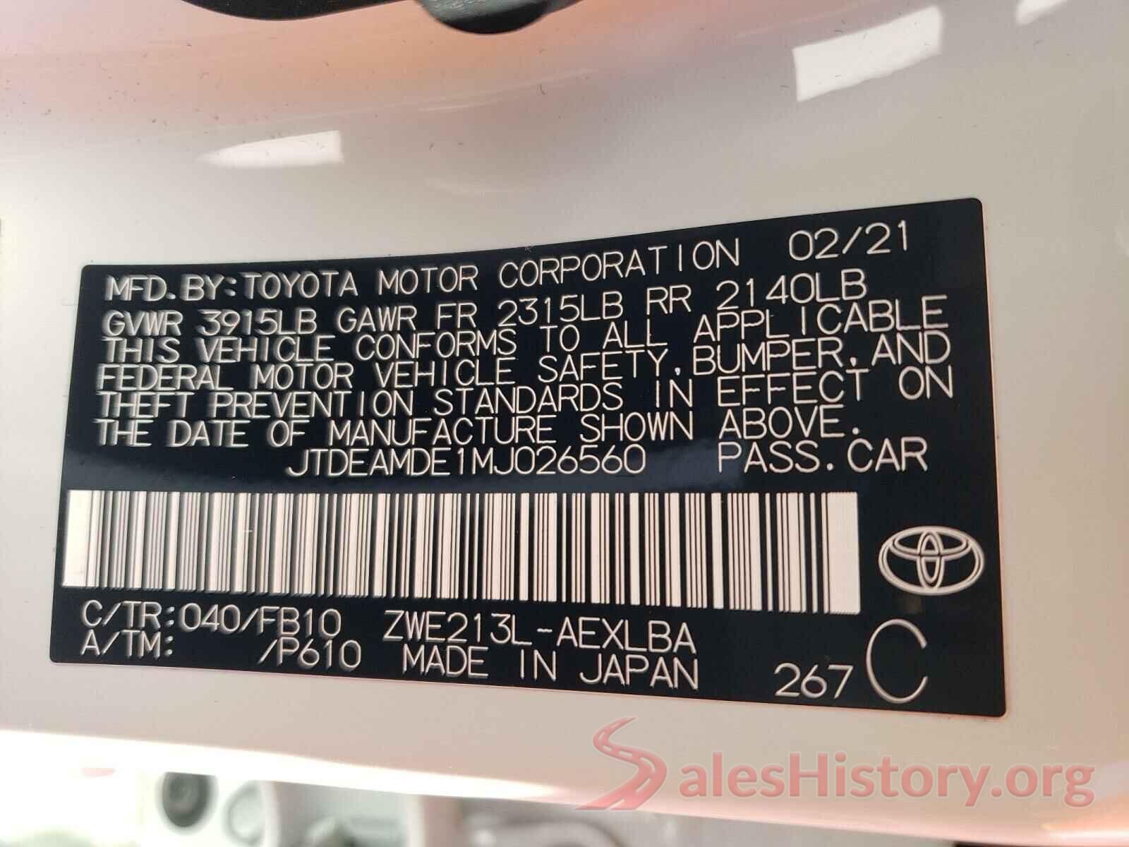 JTDEAMDE1MJ026560 2021 TOYOTA COROLLA