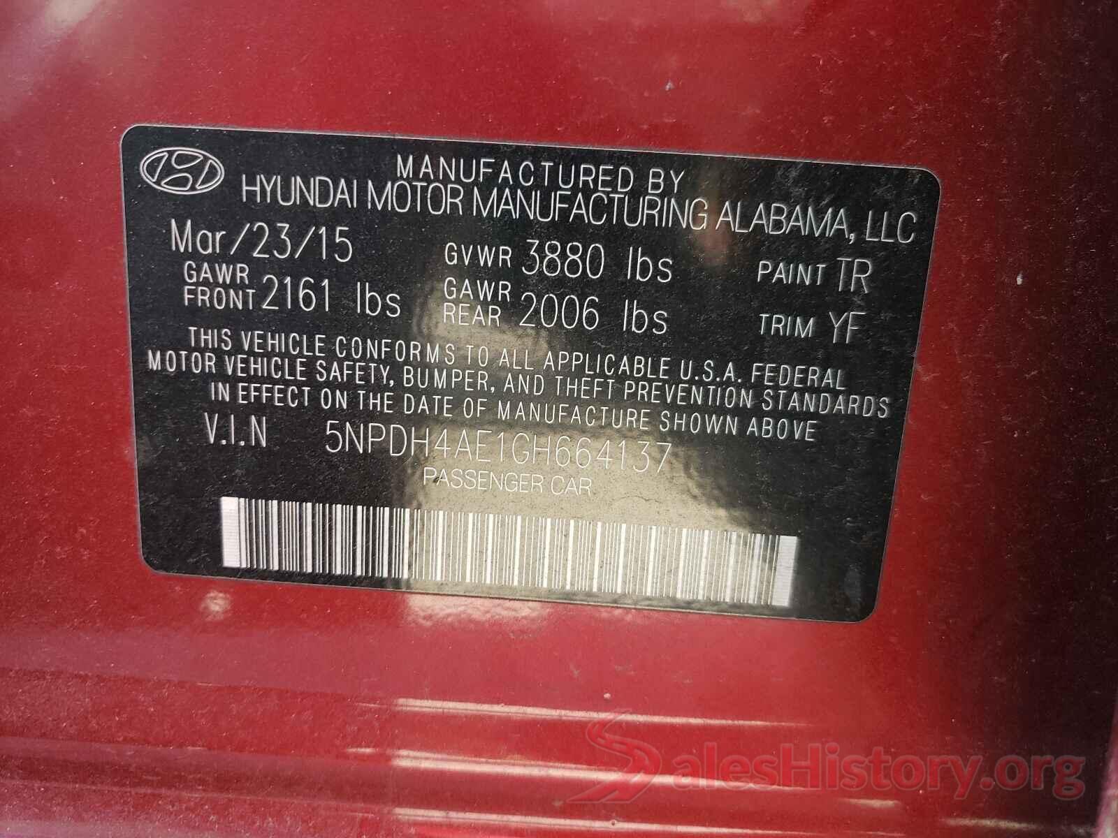 5NPDH4AE1GH664137 2016 HYUNDAI ELANTRA