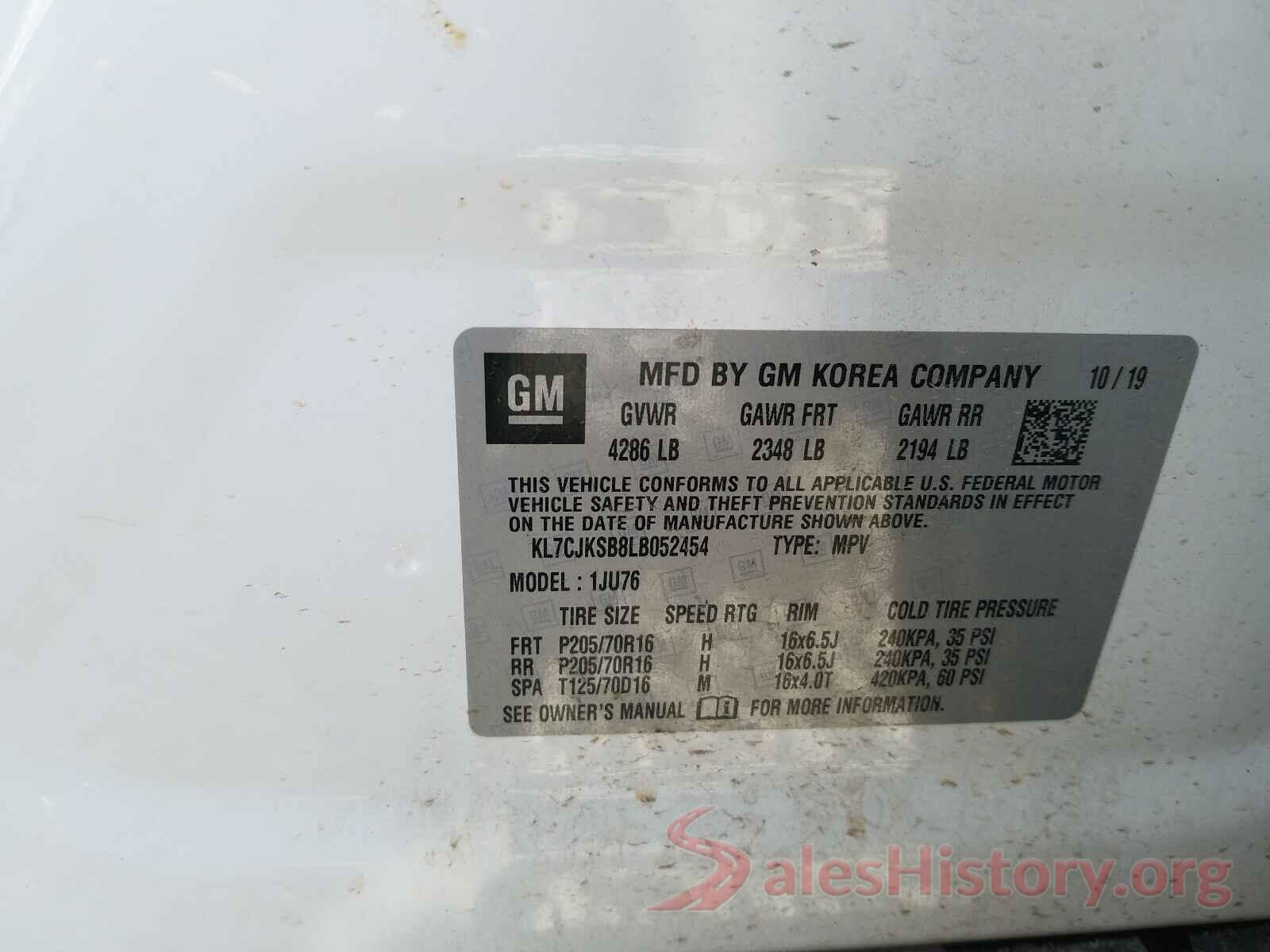 KL7CJKSB8LB052454 2020 CHEVROLET TRAX